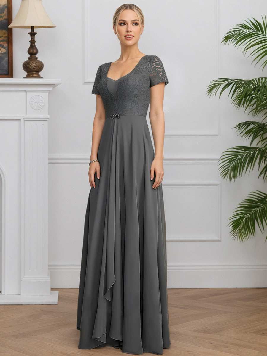 Cicinia Gris Acier Robe pour Mère de la Mariée Longue en Mousseline et Dentelle A-Line Manches Courtes