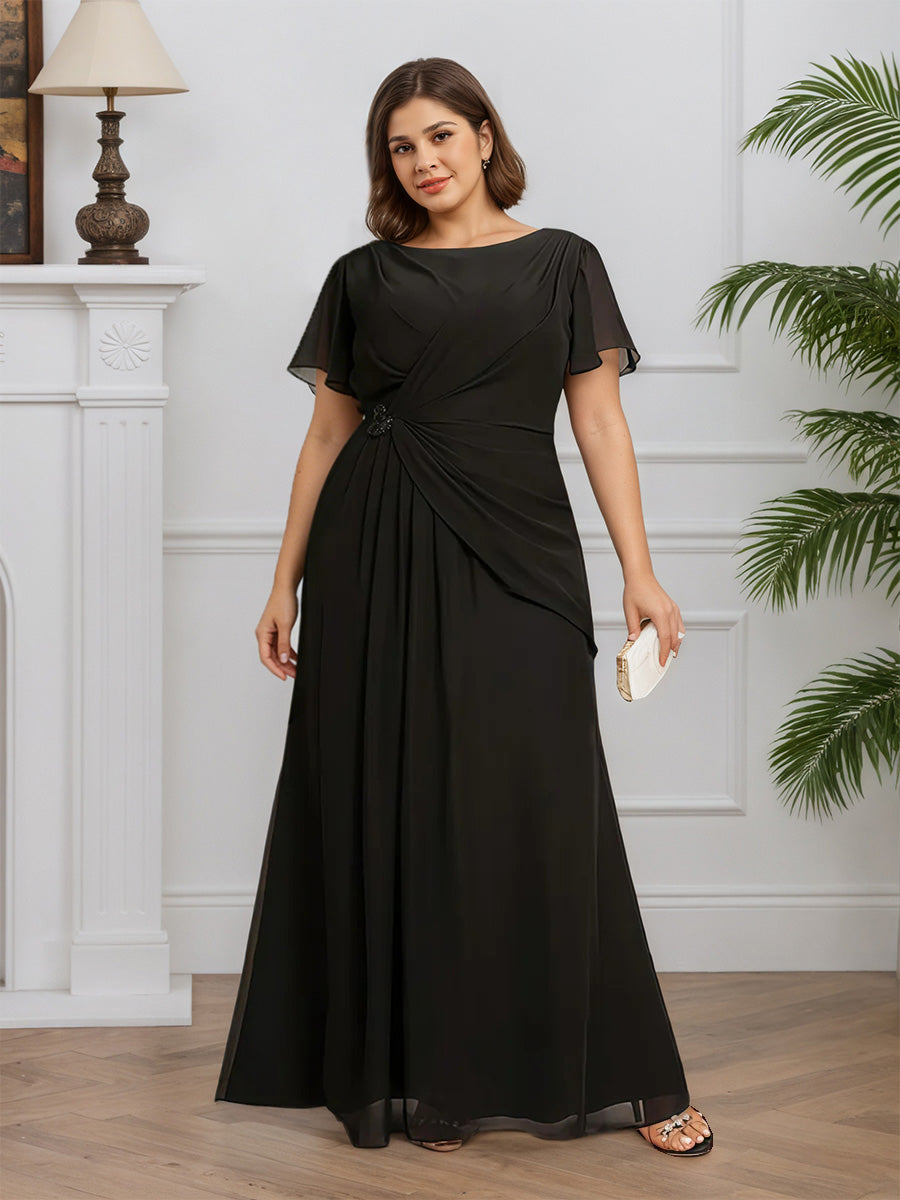 Cicinia Noir Robe pour Mère de la Mariée Longue en Mousseline Fourreau Manches Courtes Col Rond Longueur Sol Grande Taille
