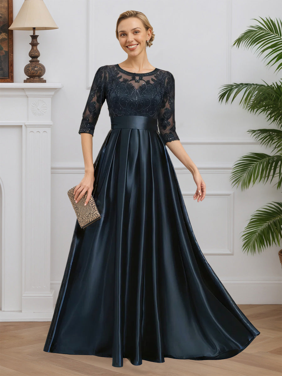 Cicinia Bleu Marine Foncé Robe pour Mère de la Mariée Longue en Satin Doux et Dentelle A-Line Longueur Sol