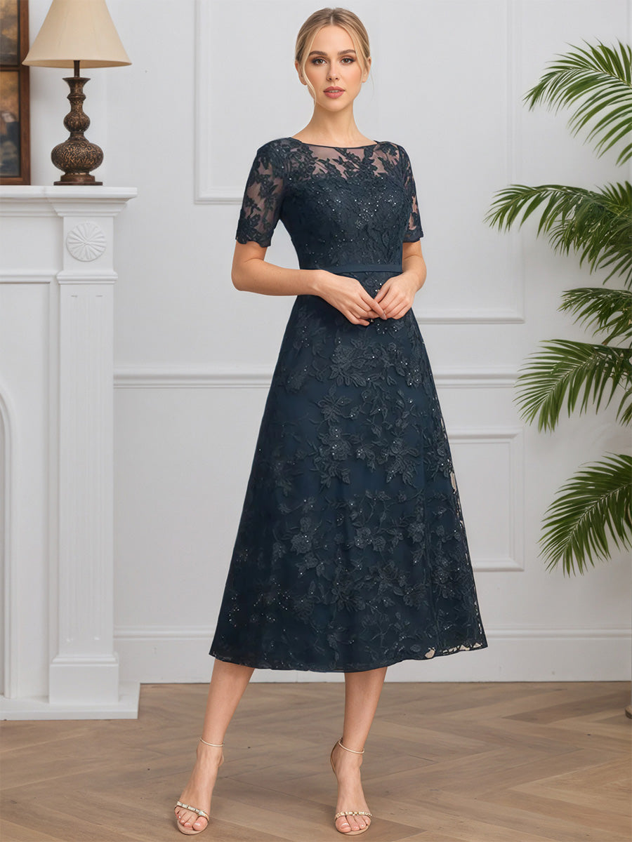 Cicinia Bleu Marine Foncé Robe pour Mère de la Mariée Longue en Mousseline et Dentelle A-Line Fermeture Dos à Glissière