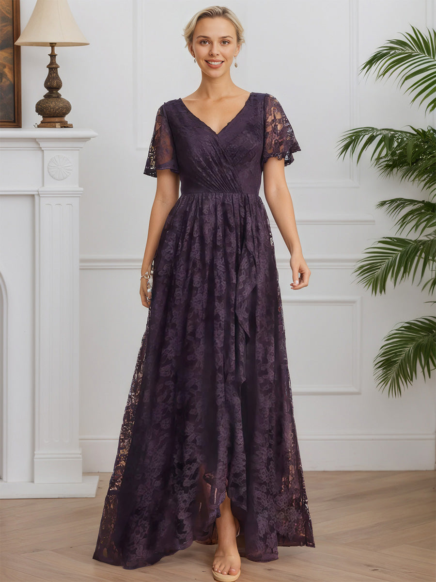 Cicinia Prune Robe pour Mère de la Mariée Longue en Dentelle A-Line Longueur Sol Décolleté en V