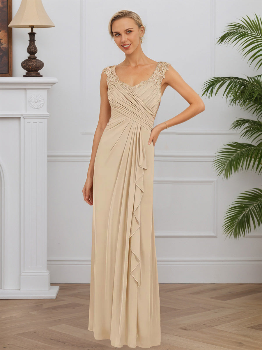 Cicinia Champagne Robe pour Mère de la Mariée Longue en Mousseline et Dentelle Fourreau Longueur Sol