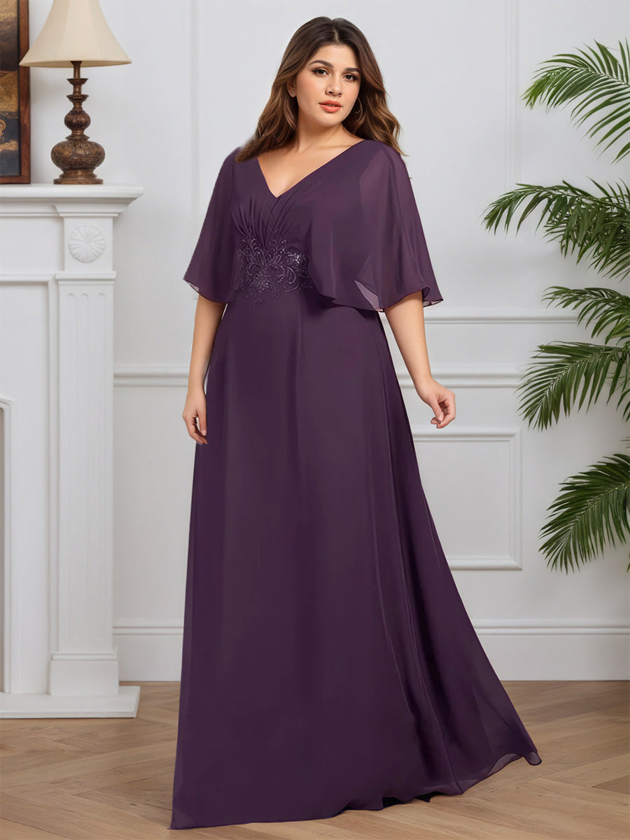 Cicinia Prune Robe pour Mère de la Mariée Longue en Mousseline et Dentelle A-Line Décolleté en V Grand Taille