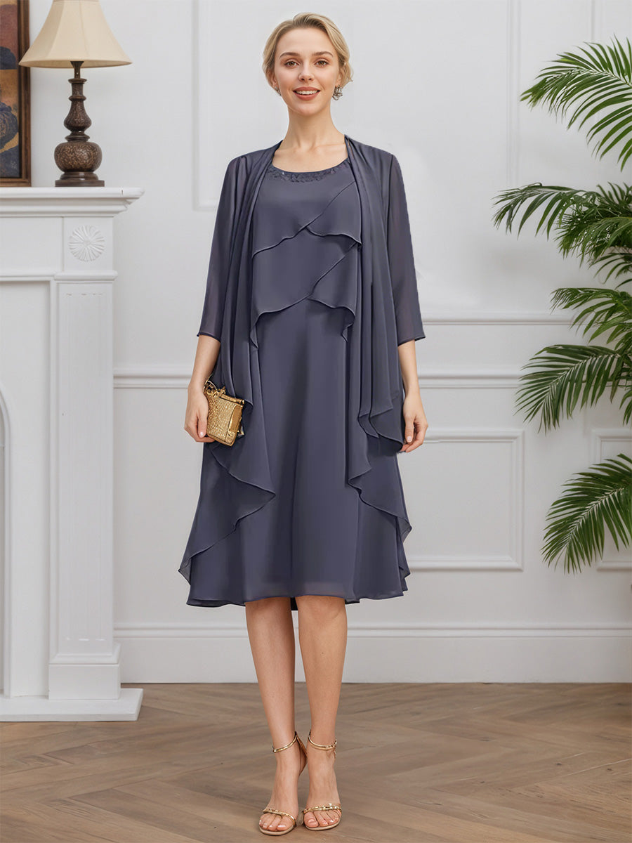 Cicinia Tempête Robe avec Veste pour Mère du Marié Courte en Mousseline A-Line Longueur Genoux Décolleté en rond