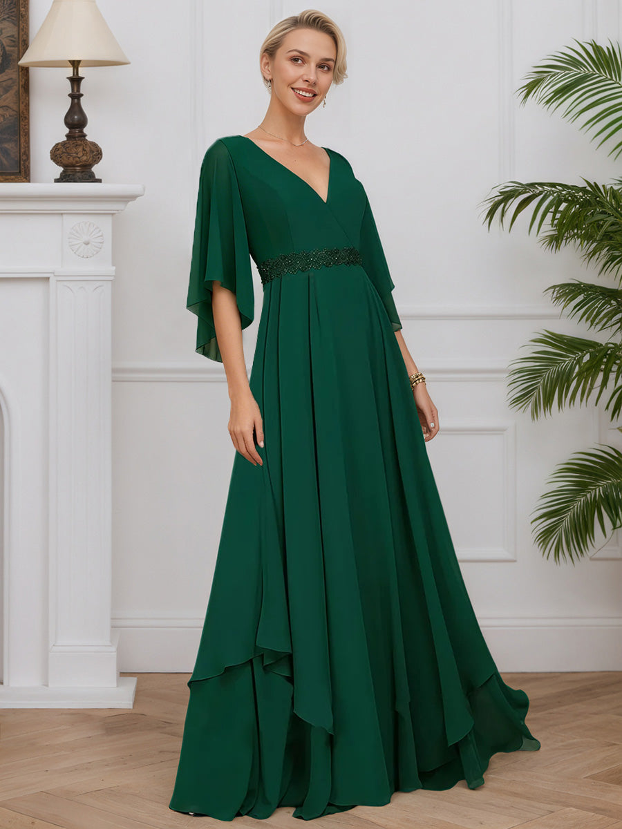 Cicinia Vert Foncé Robe pour Mère de la Mariée Longue en Mousseline Perlé A-Line Décolleté en V