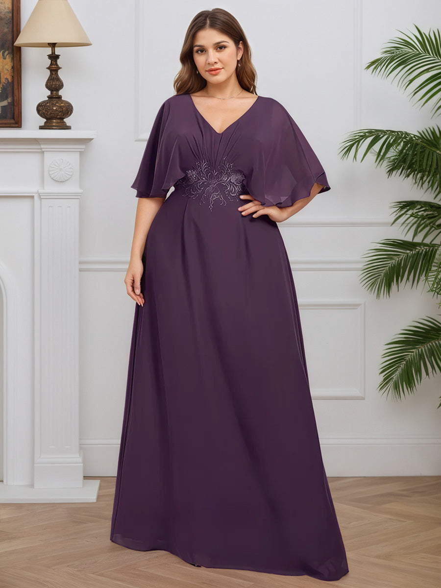 Cicinia Prune Robe pour Mère de la Mariée Longue en Mousseline et Dentelle A-Line Décolleté en V Grand Taille