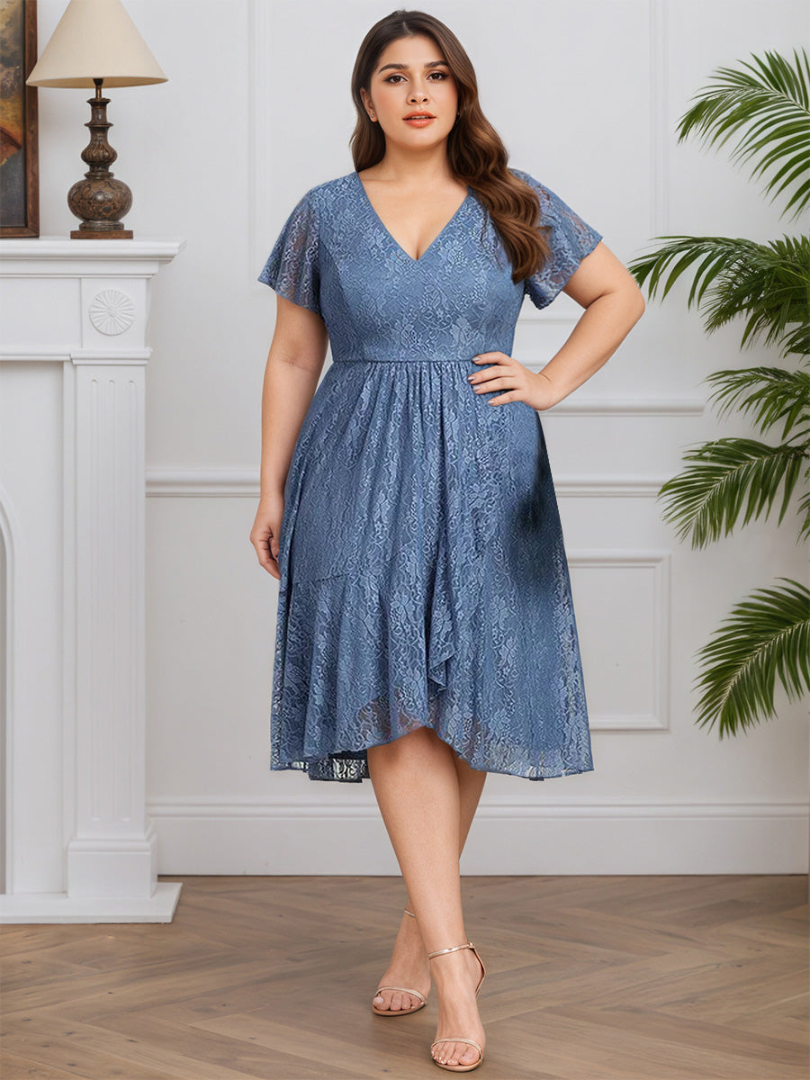 Cicinia BLEU POUDRE Robe pour Mère de la Mariée Longue en Dentelle A-Line Décolleté en V Longueur Midi (Thé) Grande Taille