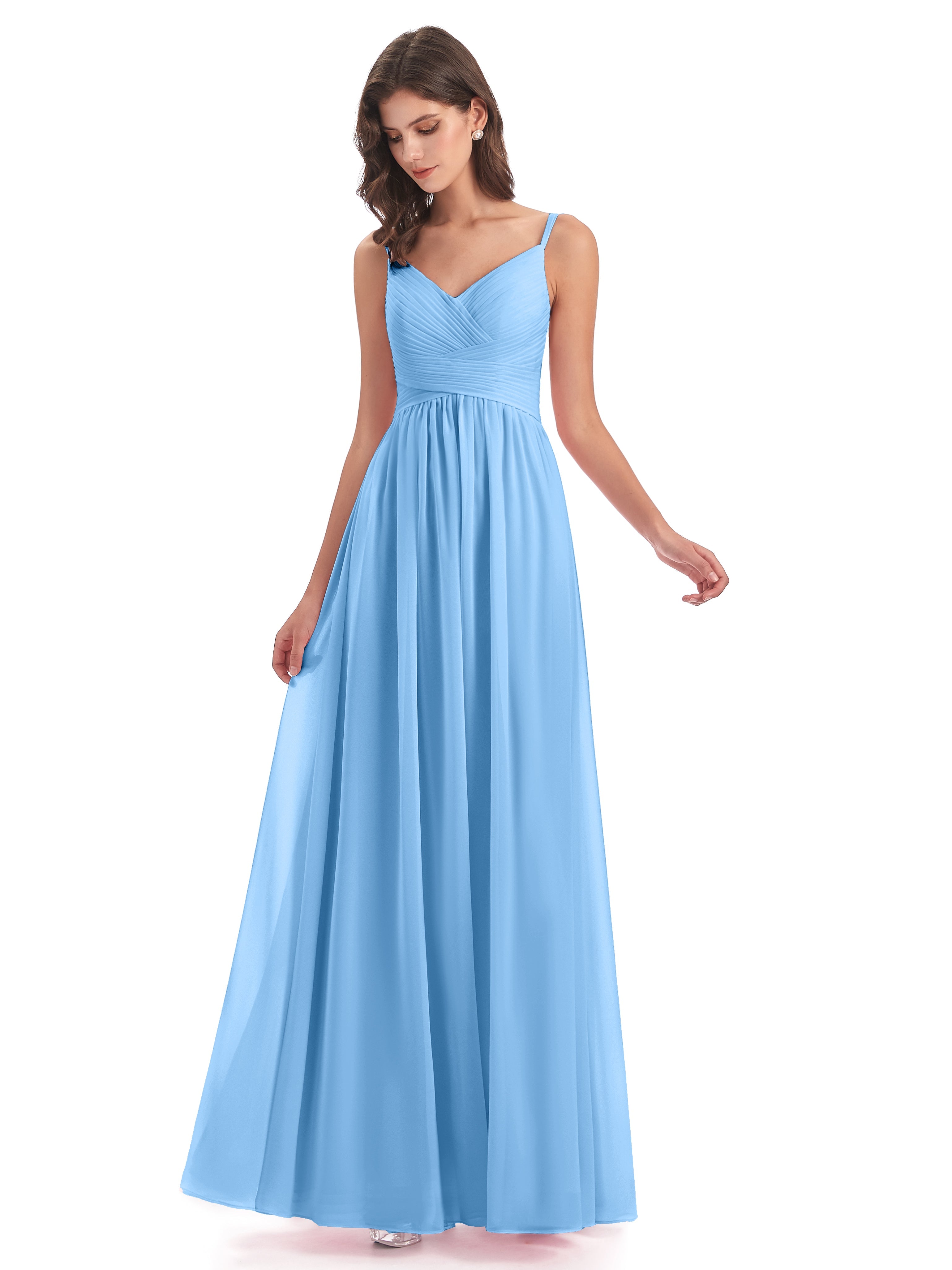Demoiselle D Honneur Bleu Bretelles Spaghetti Plis Dentelle Robes Demoiselle D'Honneur