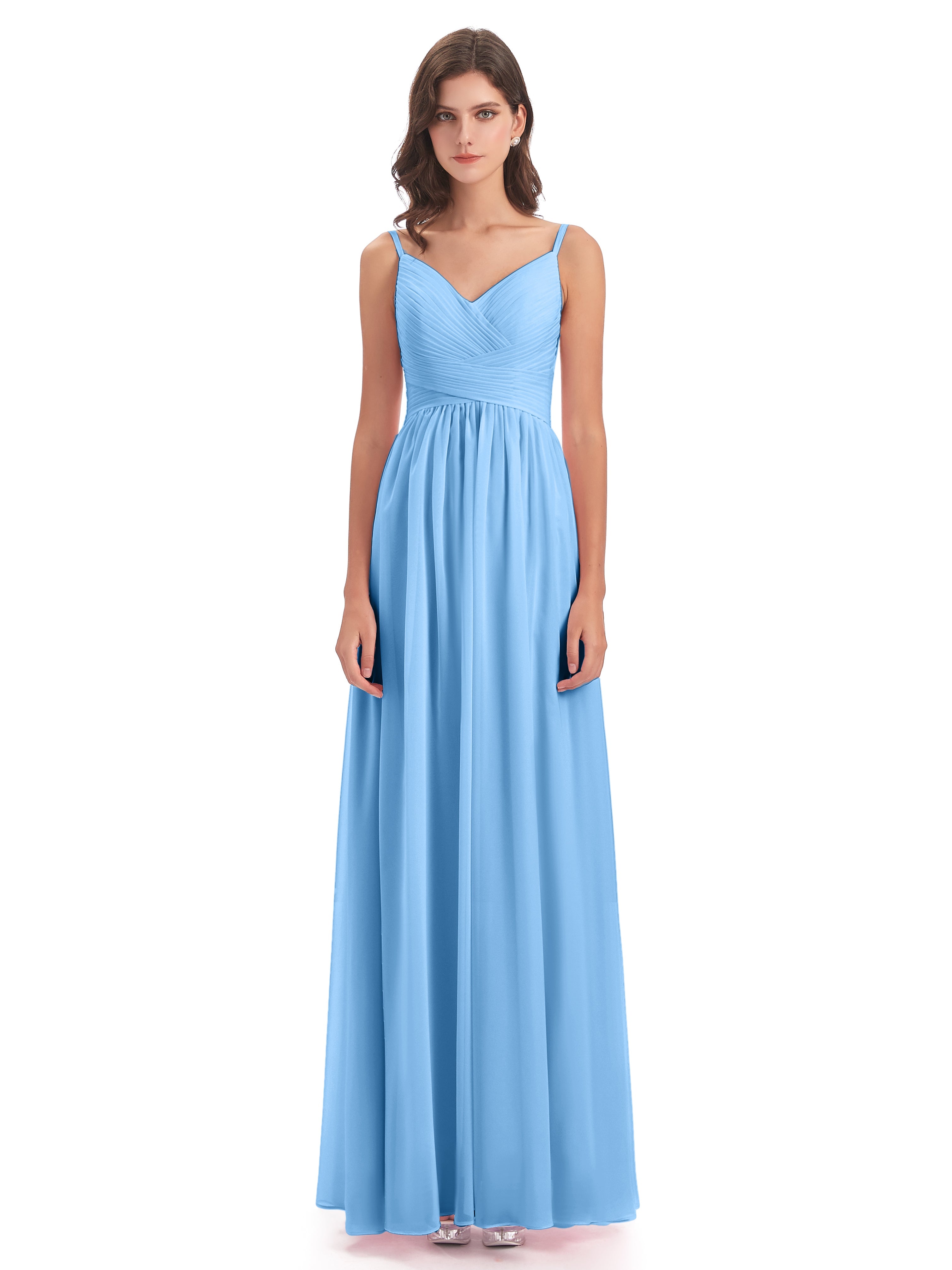 Demoiselle D Honneur Bleu Bretelles Spaghetti Plis Dentelle Robes Demoiselle D'Honneur