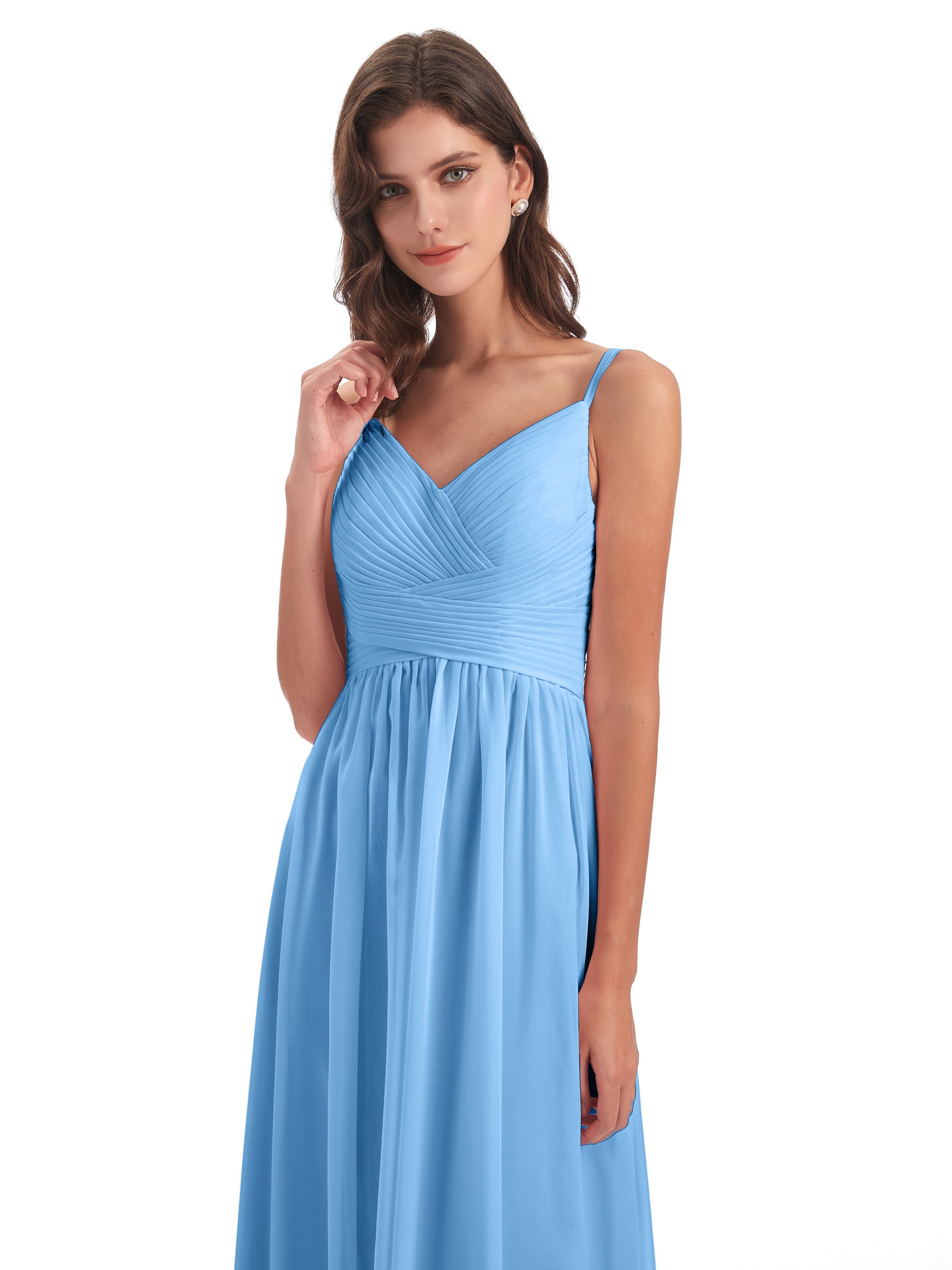 Demoiselle D Honneur Bleu Bretelles Spaghetti Plis Dentelle Robes Demoiselle D'Honneur