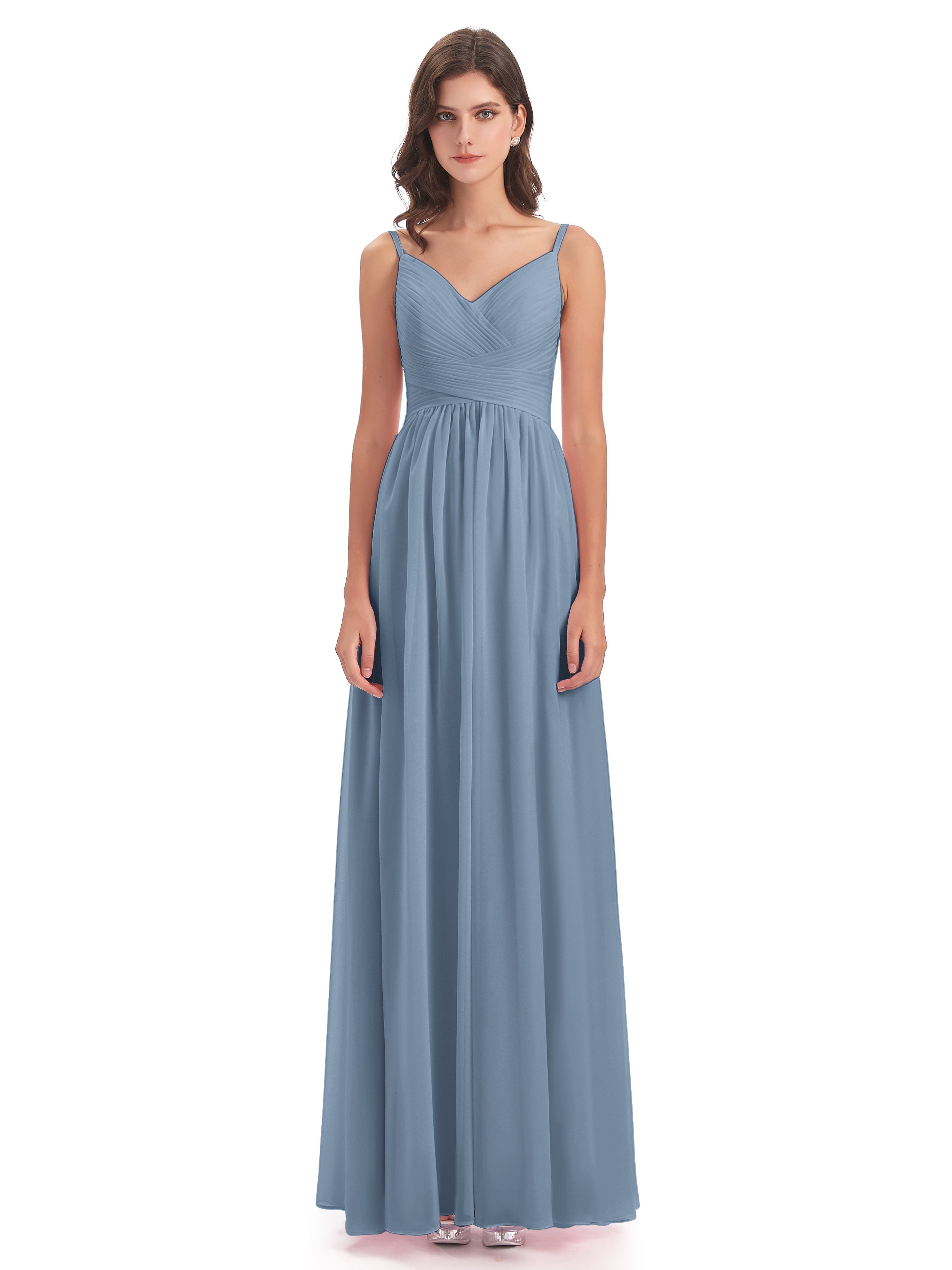 Robes De Demoiselle D'Honneur Bleu De Schiste Bretelles Spaghetti Plis Dentelle Robes Demoiselle D'Honneur