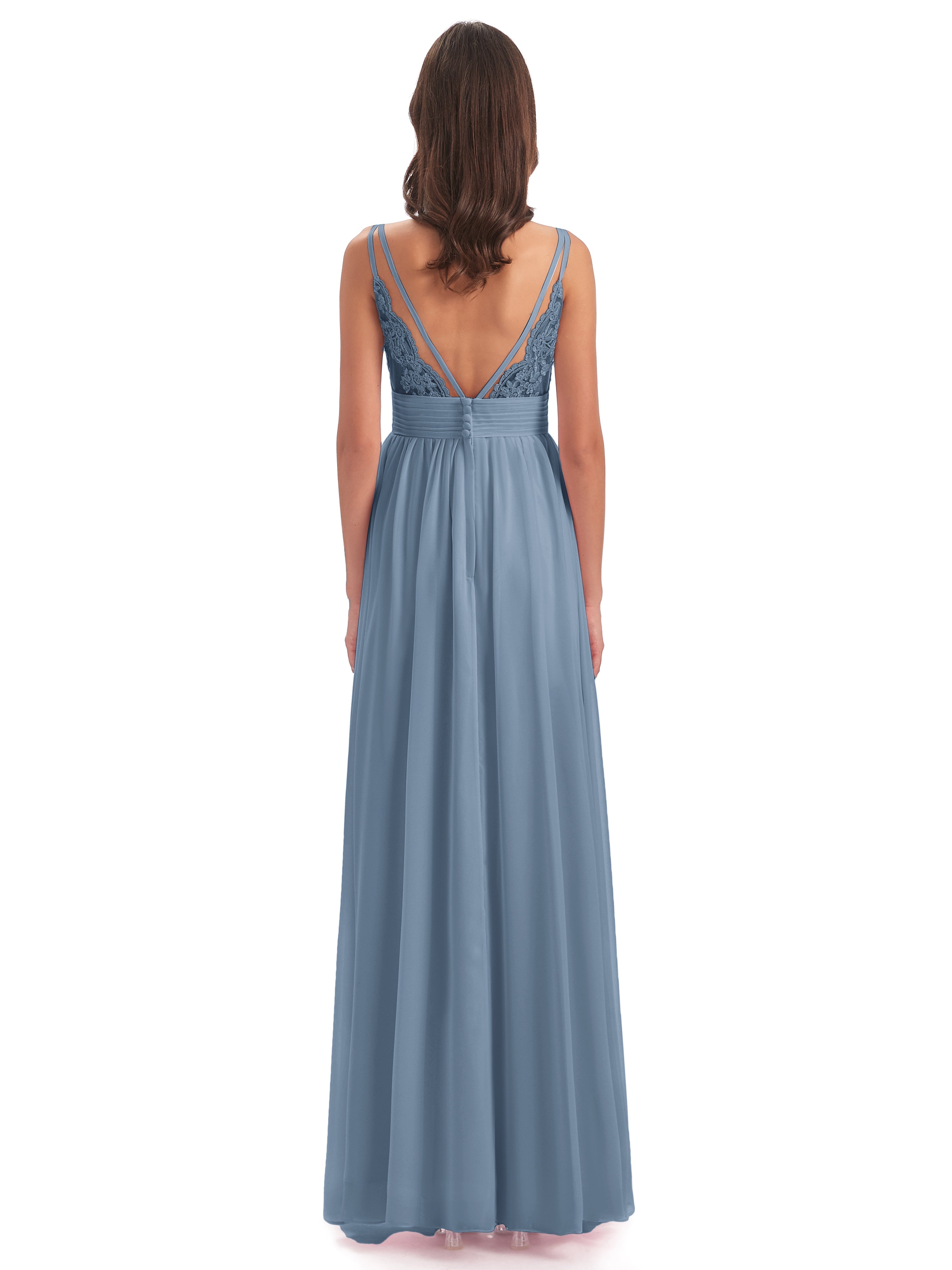 Robes De Demoiselle D'Honneur Bleu De Schiste Bretelles Spaghetti Plis Dentelle Robes Demoiselle D'Honneur