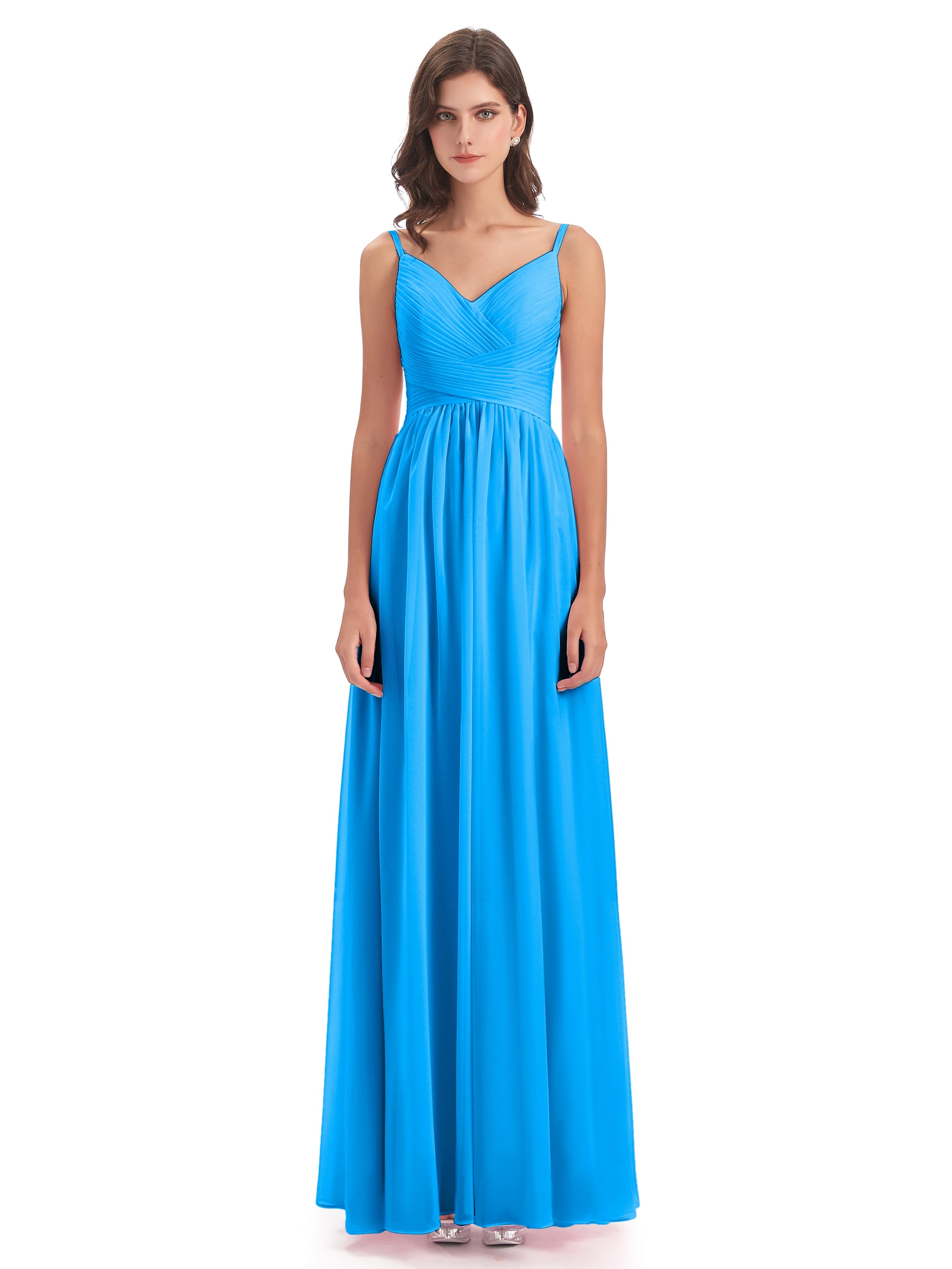 Robes De Demoiselle D'Honneur Bleu Océan Bretelles Spaghetti Plis Dentelle Robes Demoiselle D'Honneur
