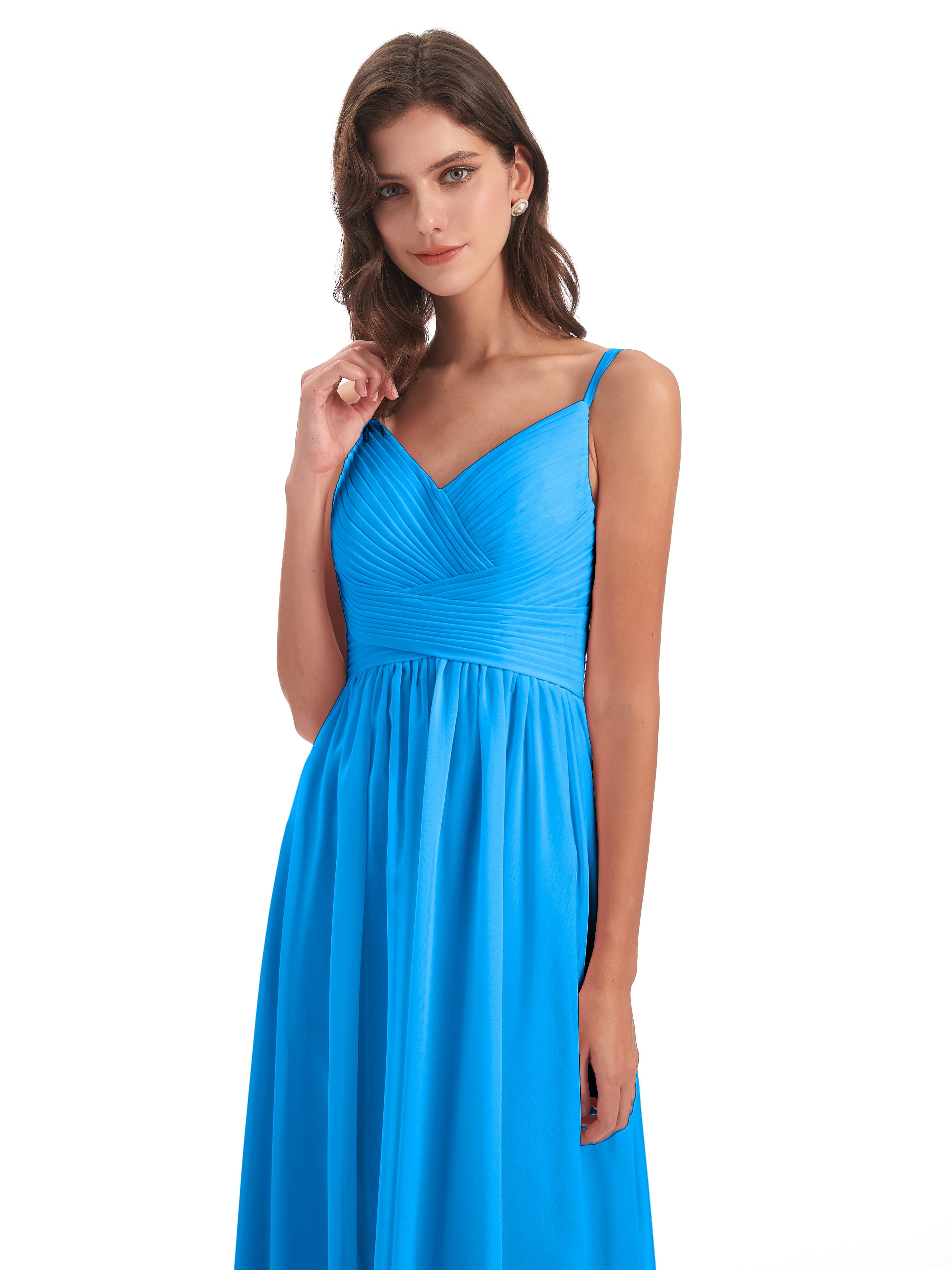 Robes De Demoiselle D'Honneur Bleu Océan Bretelles Spaghetti Plis Dentelle Robes Demoiselle D'Honneur