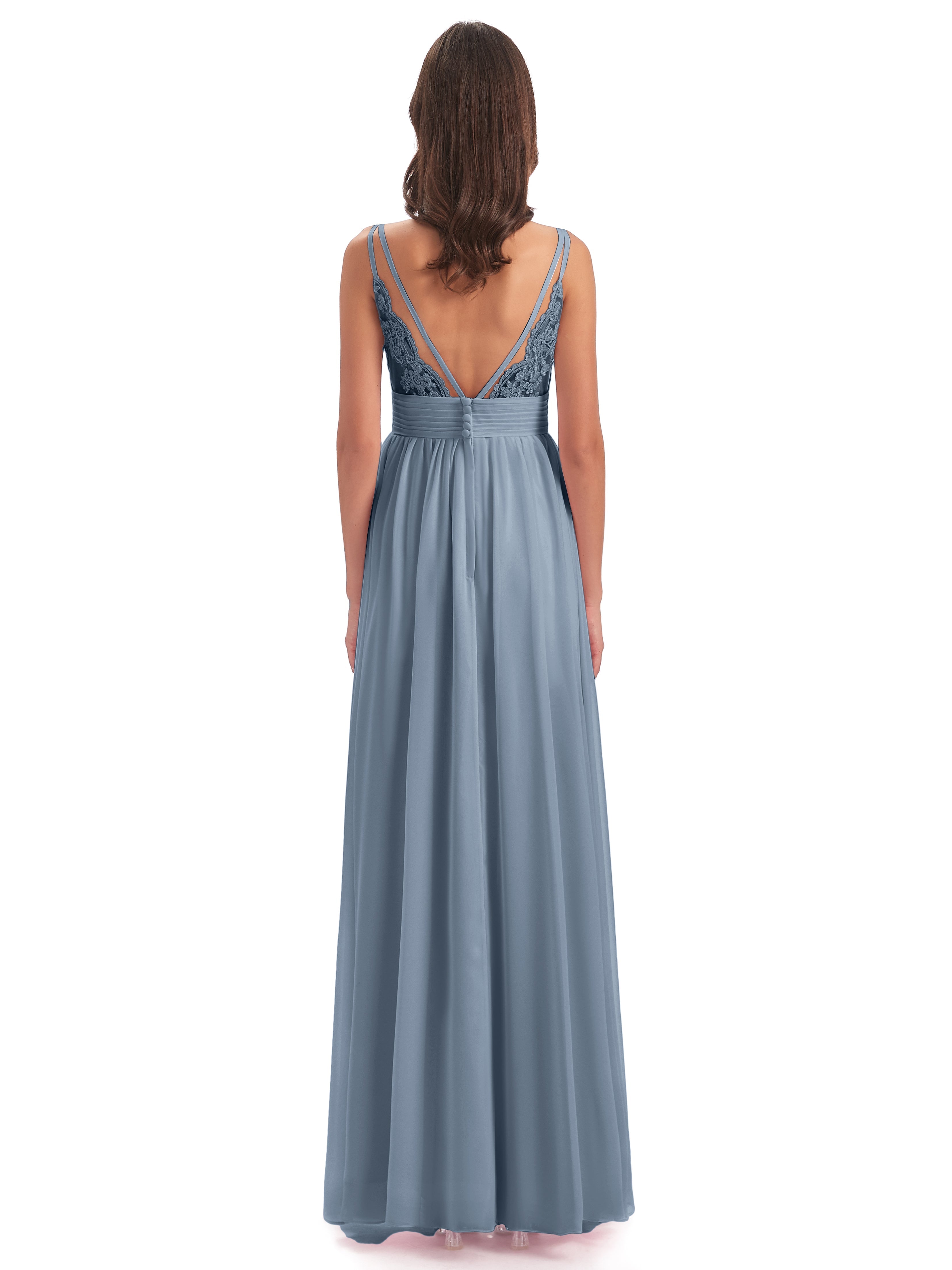 Robes De Demoiselle D'Honneur Bleu Poussiéreux Bretelles Spaghetti Plis Dentelle Robes Demoiselle D'Honneur