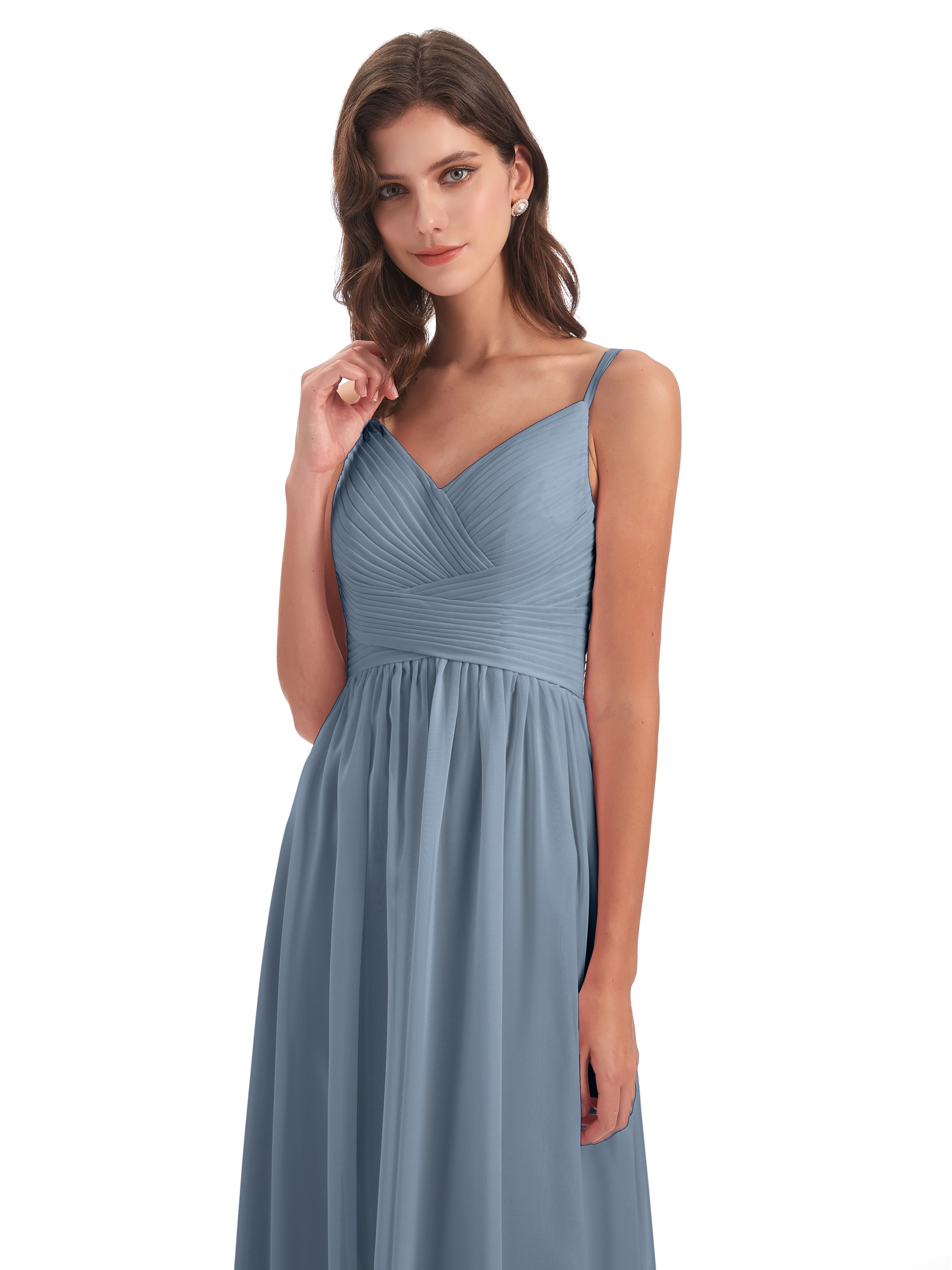 Robes De Demoiselle D'Honneur Bleu Poussiéreux Bretelles Spaghetti Plis Dentelle Robes Demoiselle D'Honneur