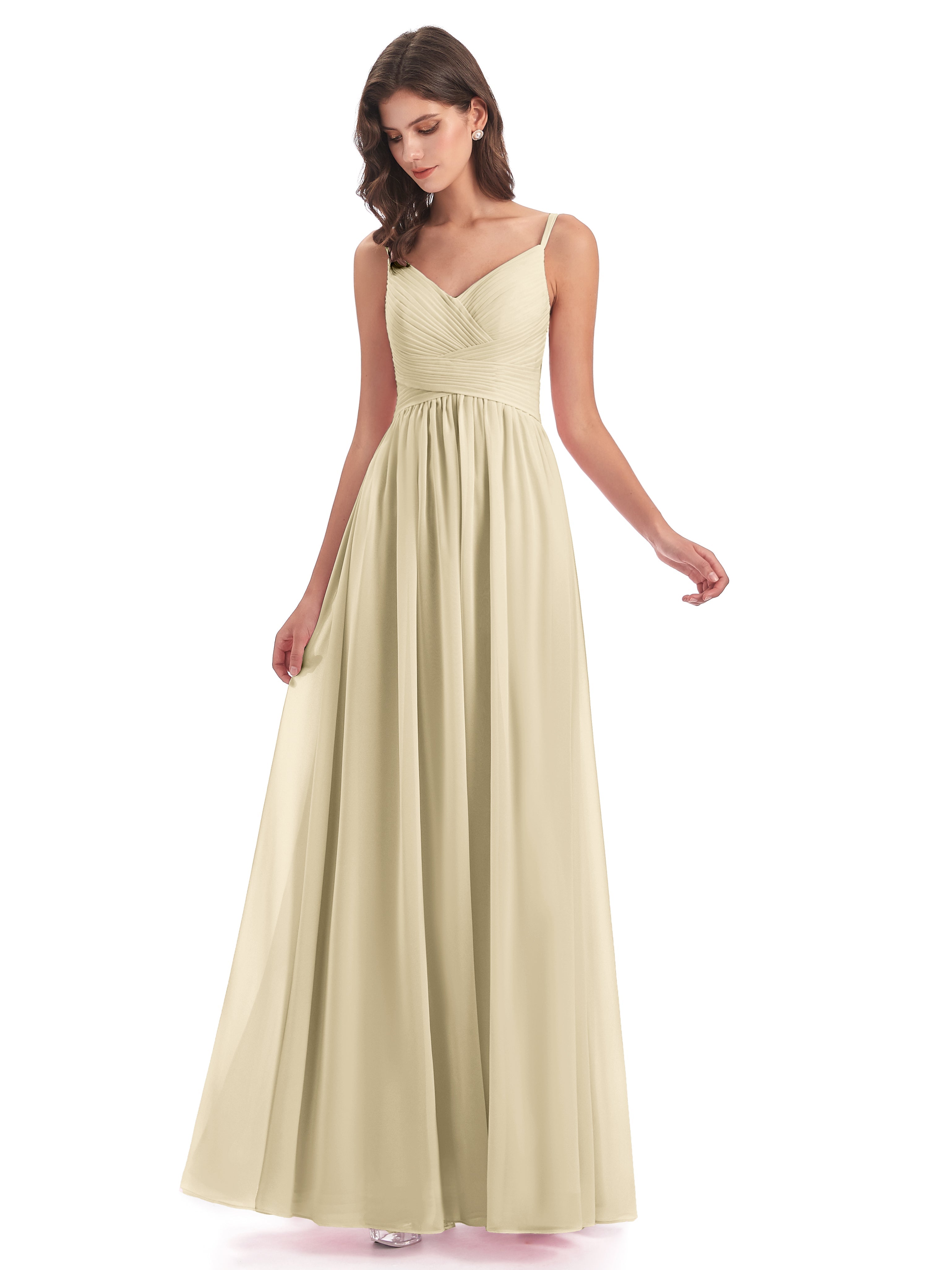 Robe Demoiselle Dhonneur Champagne Bretelles Spaghetti Plis Dentelle Robes Demoiselle D'Honneur