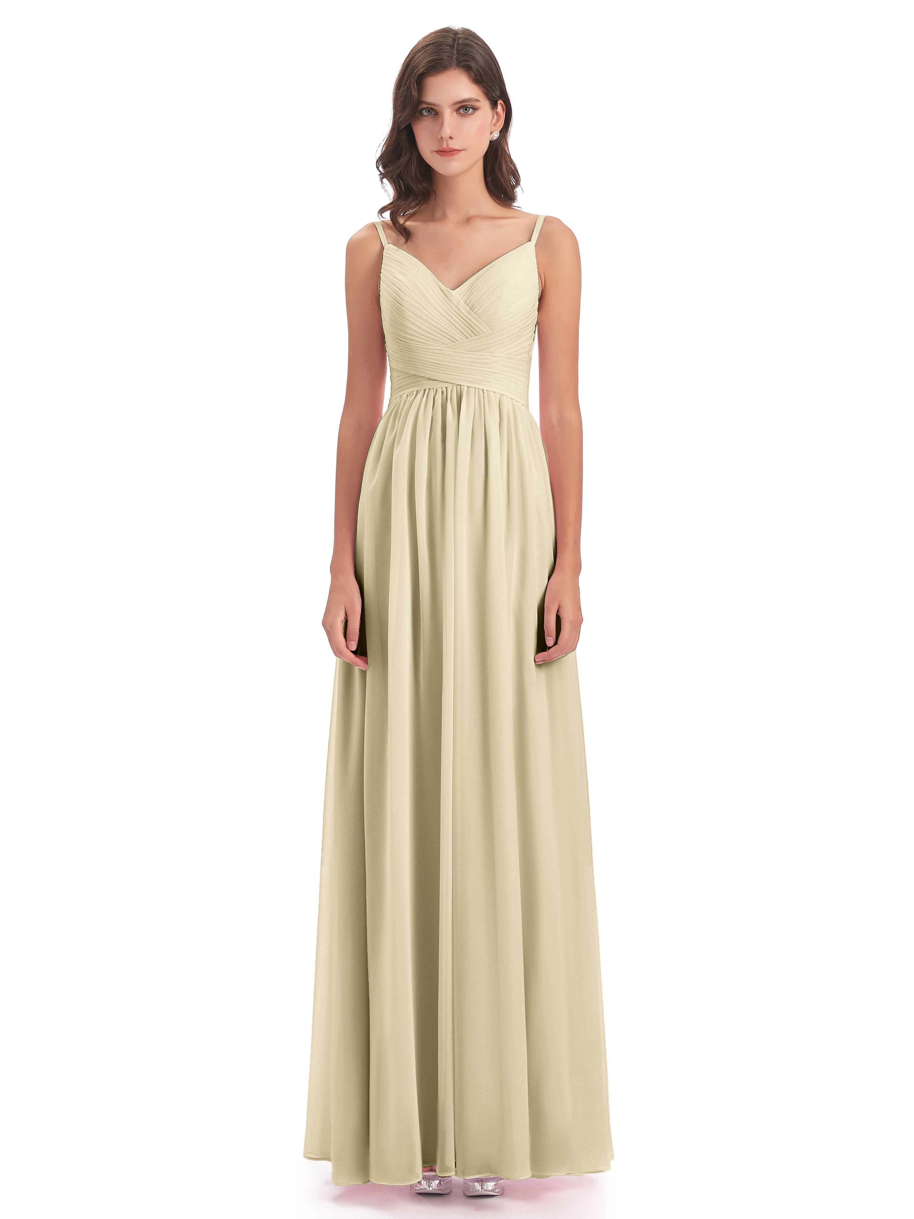 Robe Demoiselle Dhonneur Champagne Bretelles Spaghetti Plis Dentelle Robes Demoiselle D'Honneur