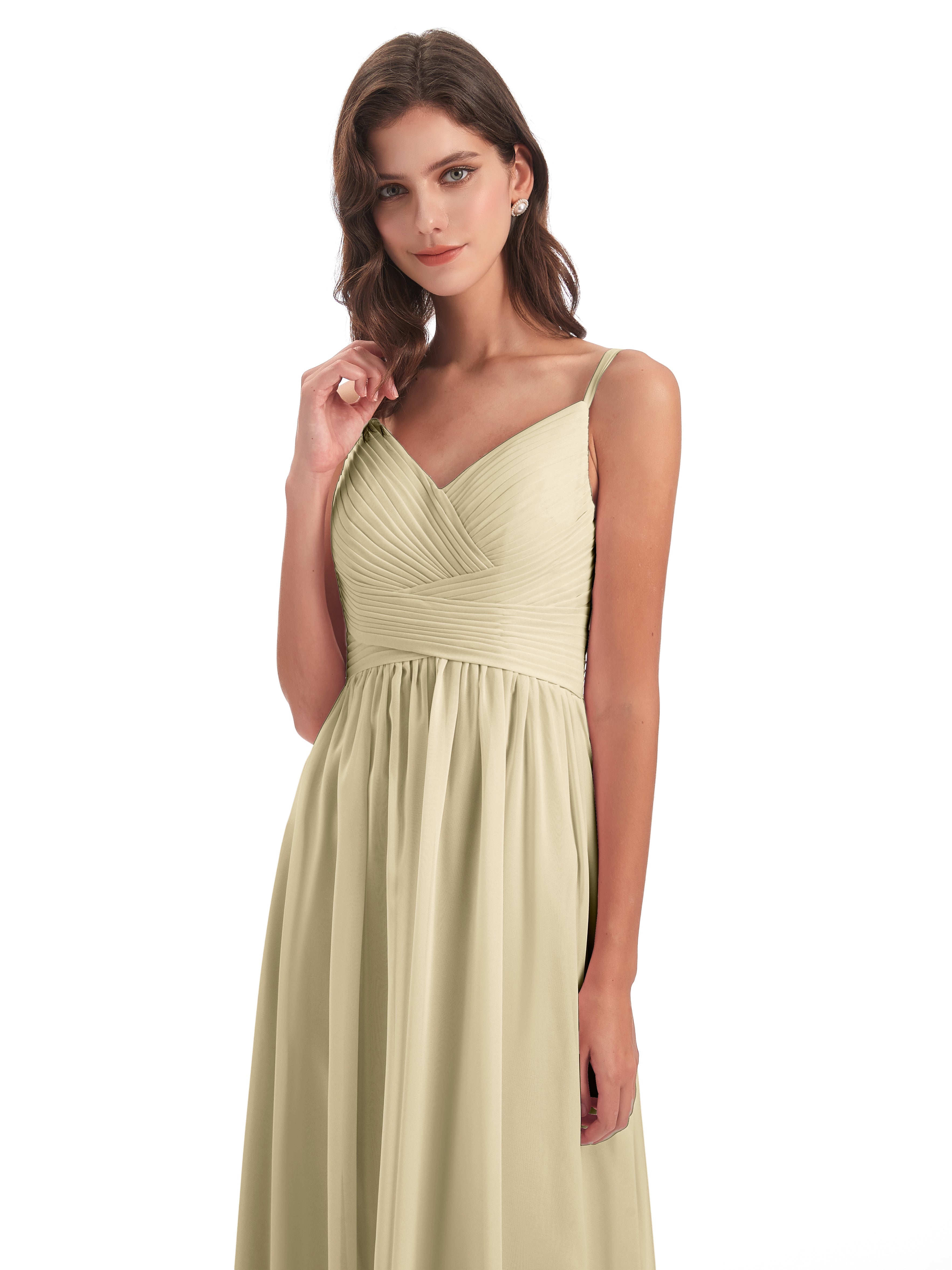 Robe Demoiselle Dhonneur Champagne Bretelles Spaghetti Plis Dentelle Robes Demoiselle D'Honneur