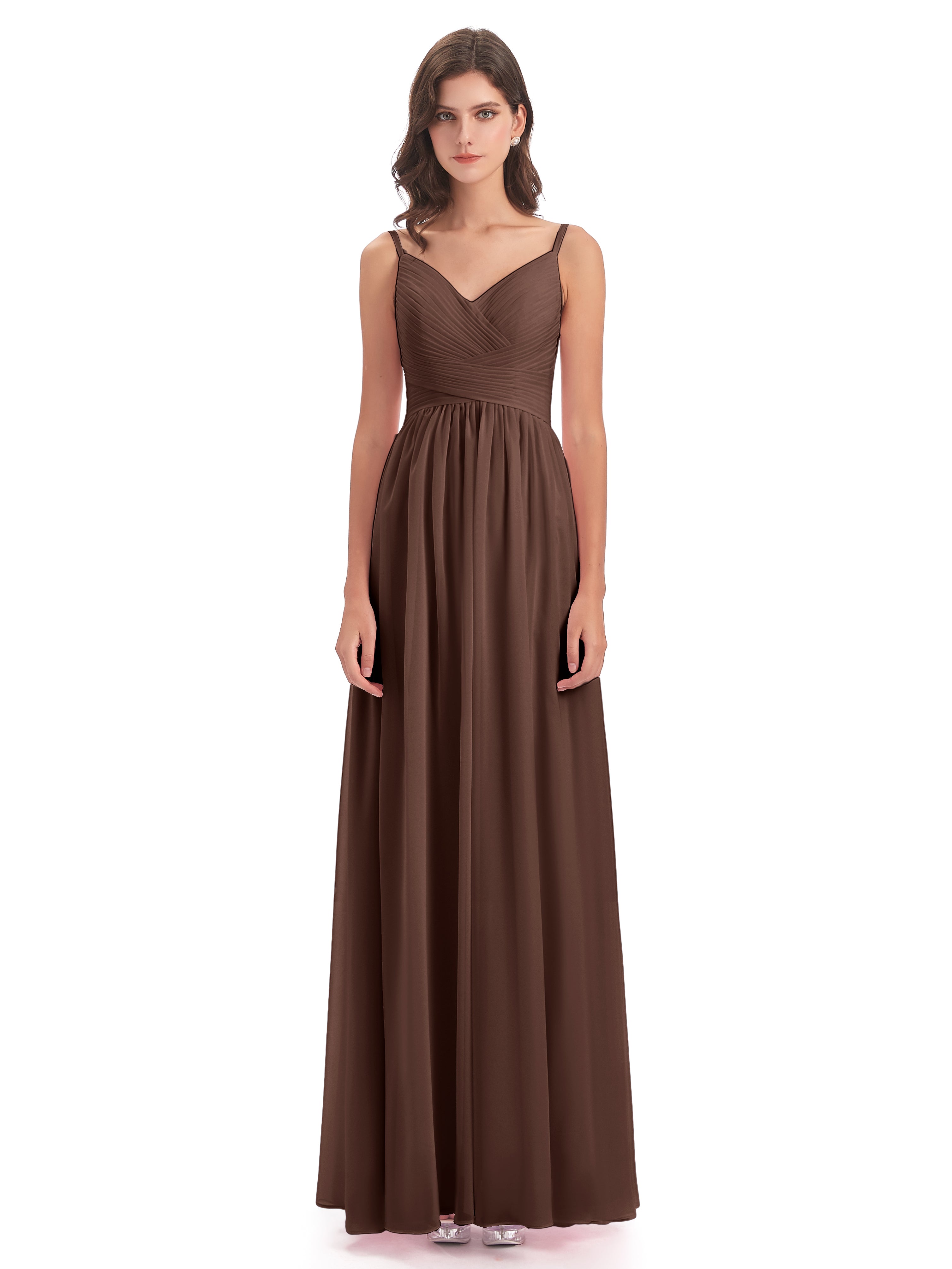 Robes De Demoiselle D'Honneur En Chocolat Bretelles Spaghetti Plis Dentelle Robes Demoiselle D'Honneur
