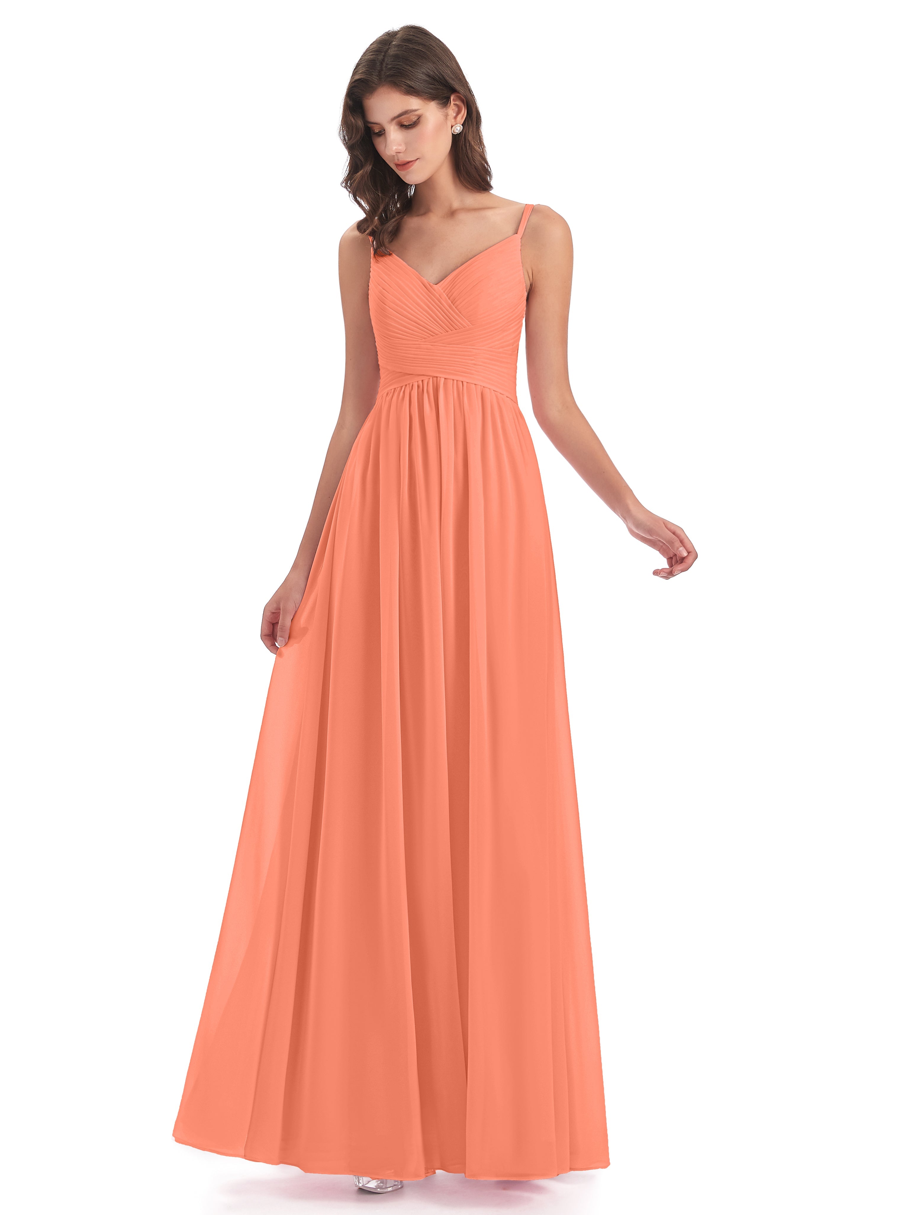 Robes De Demoiselle D'Honneur Coucher De Soleil Bretelles Spaghetti Plis Dentelle Robes Demoiselle D'Honneur