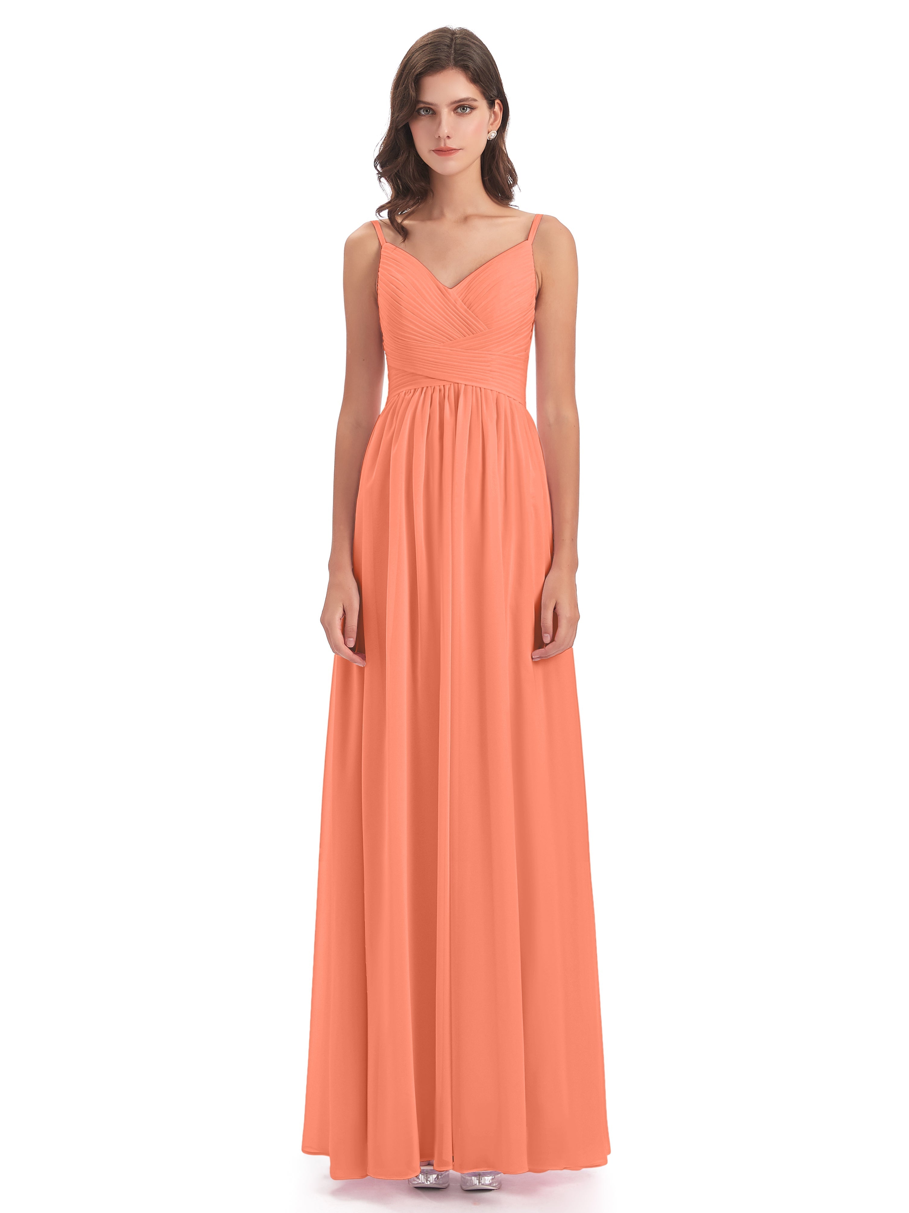 Robes De Demoiselle D'Honneur Coucher De Soleil Bretelles Spaghetti Plis Dentelle Robes Demoiselle D'Honneur