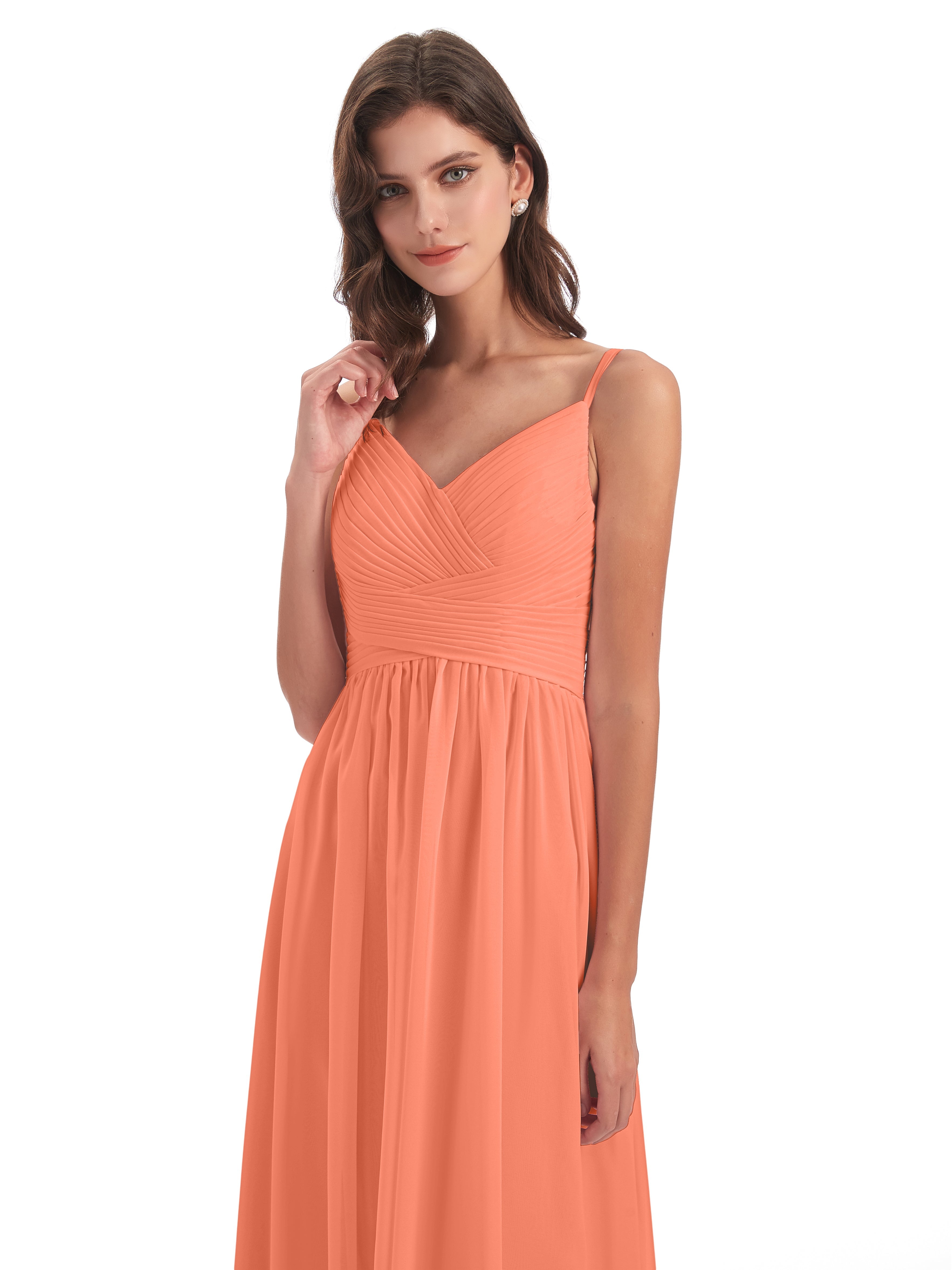 Robes De Demoiselle D'Honneur Coucher De Soleil Bretelles Spaghetti Plis Dentelle Robes Demoiselle D'Honneur