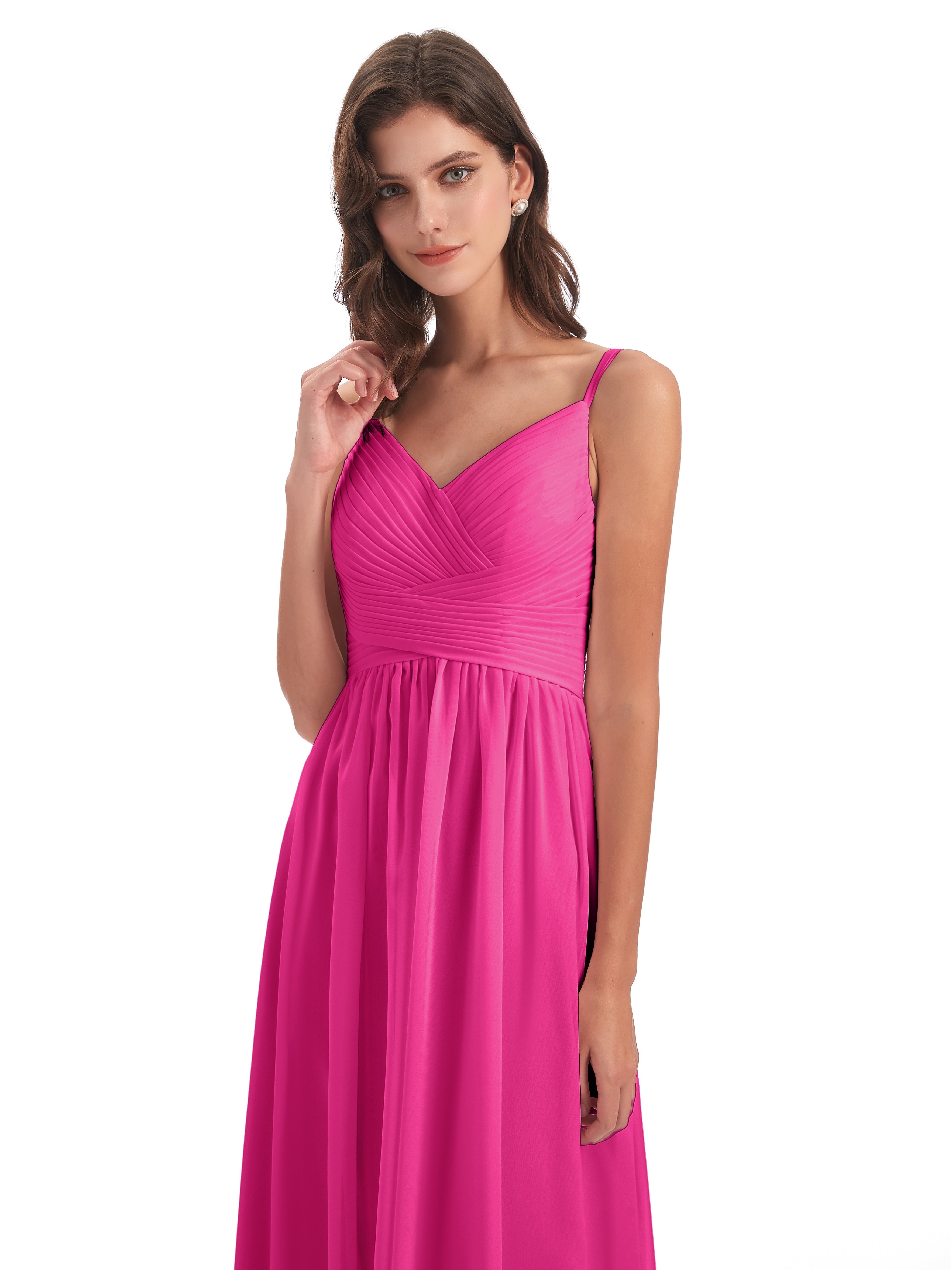 Robe Demoiselle D Honneur Rose Fuchsia Bretelles Spaghetti Plis Dentelle Robes Demoiselle D'Honneur