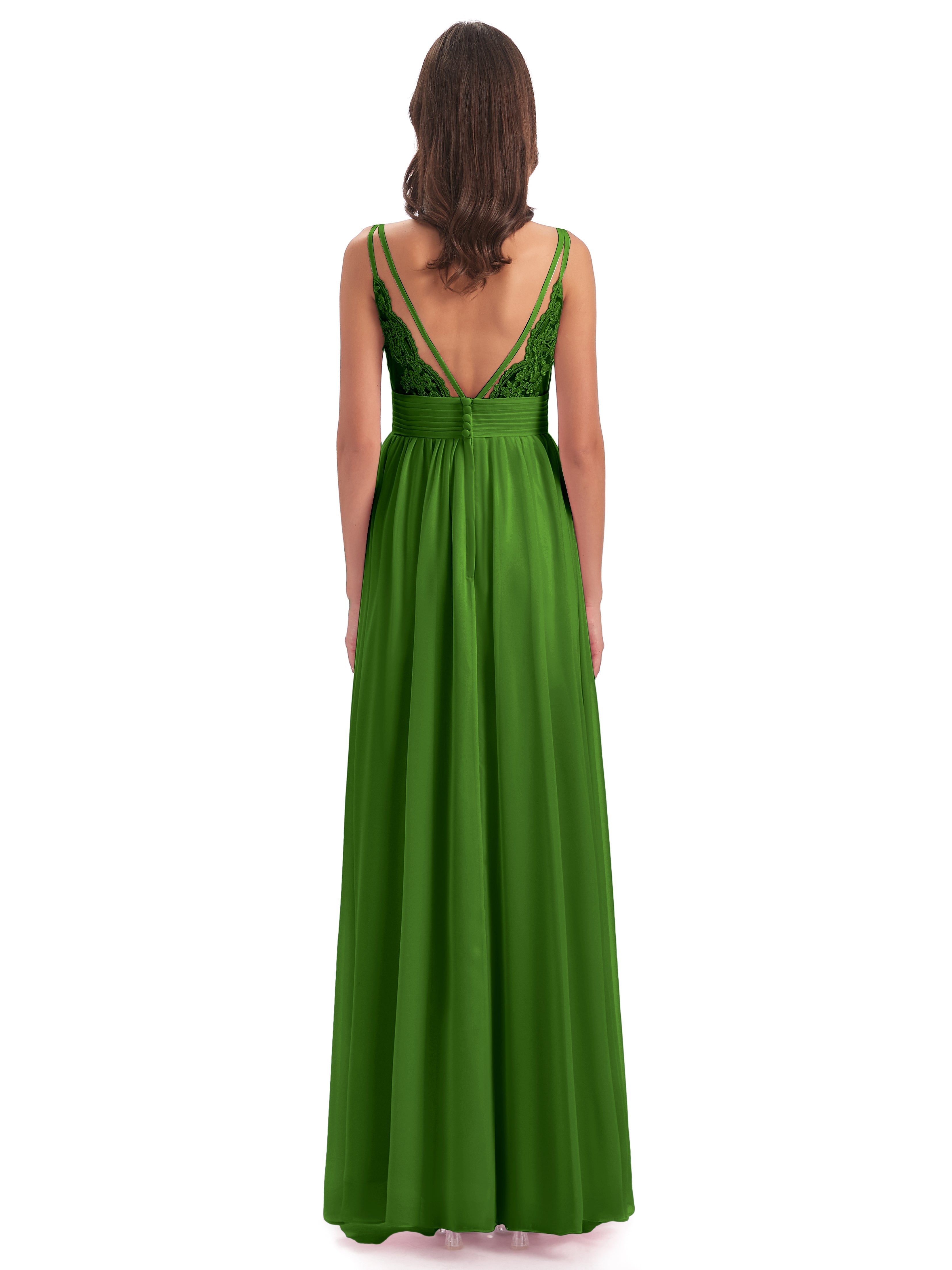 Robes De Demoiselle D'Honneur Vert Mousse Bretelles Spaghetti Plis Dentelle Robes Demoiselle D'Honneur