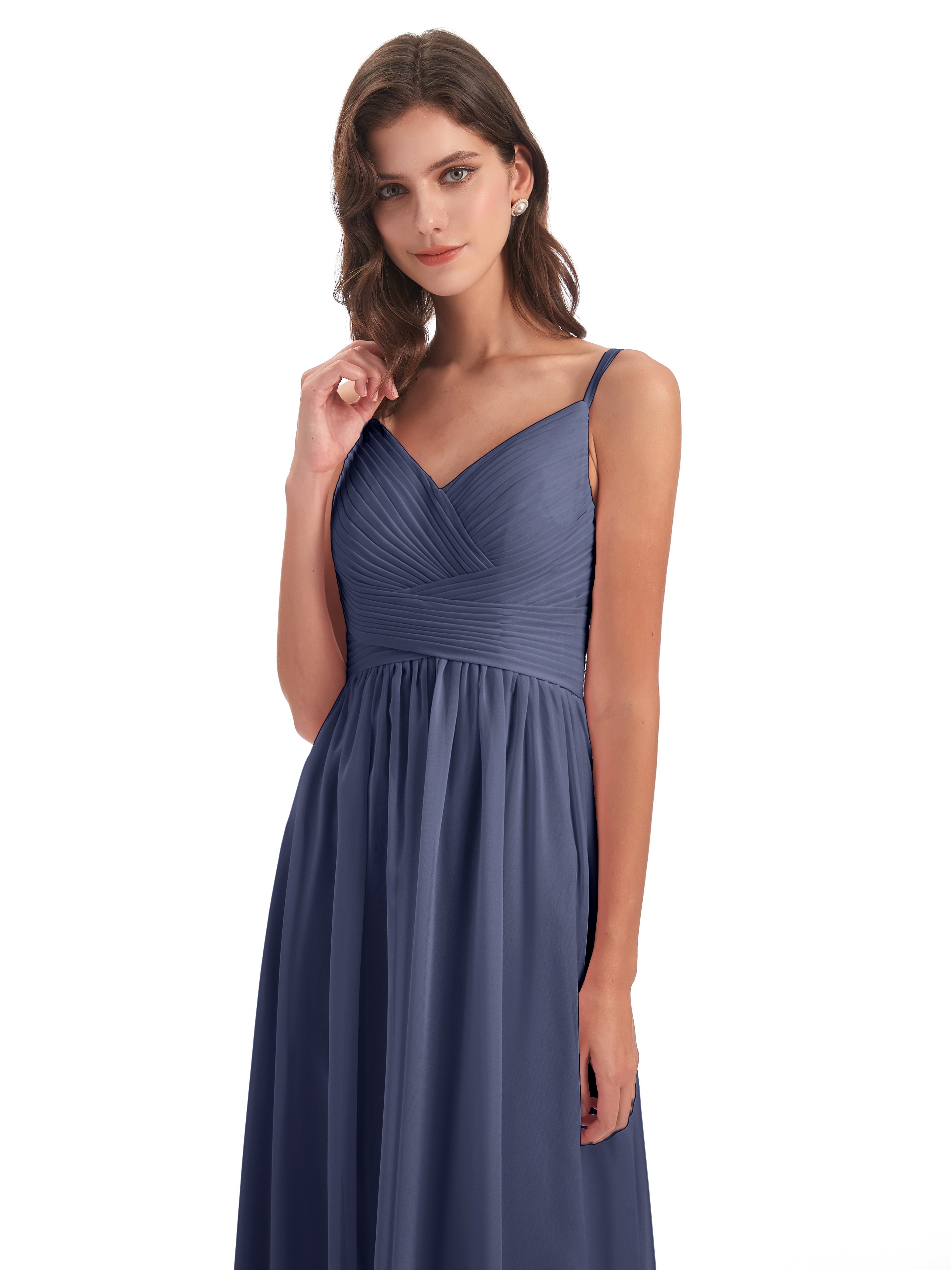 Robes De Demoiselle D'Honneur Bleu Orageux Bretelles Spaghetti Plis Dentelle Robes Demoiselle D'Honneur