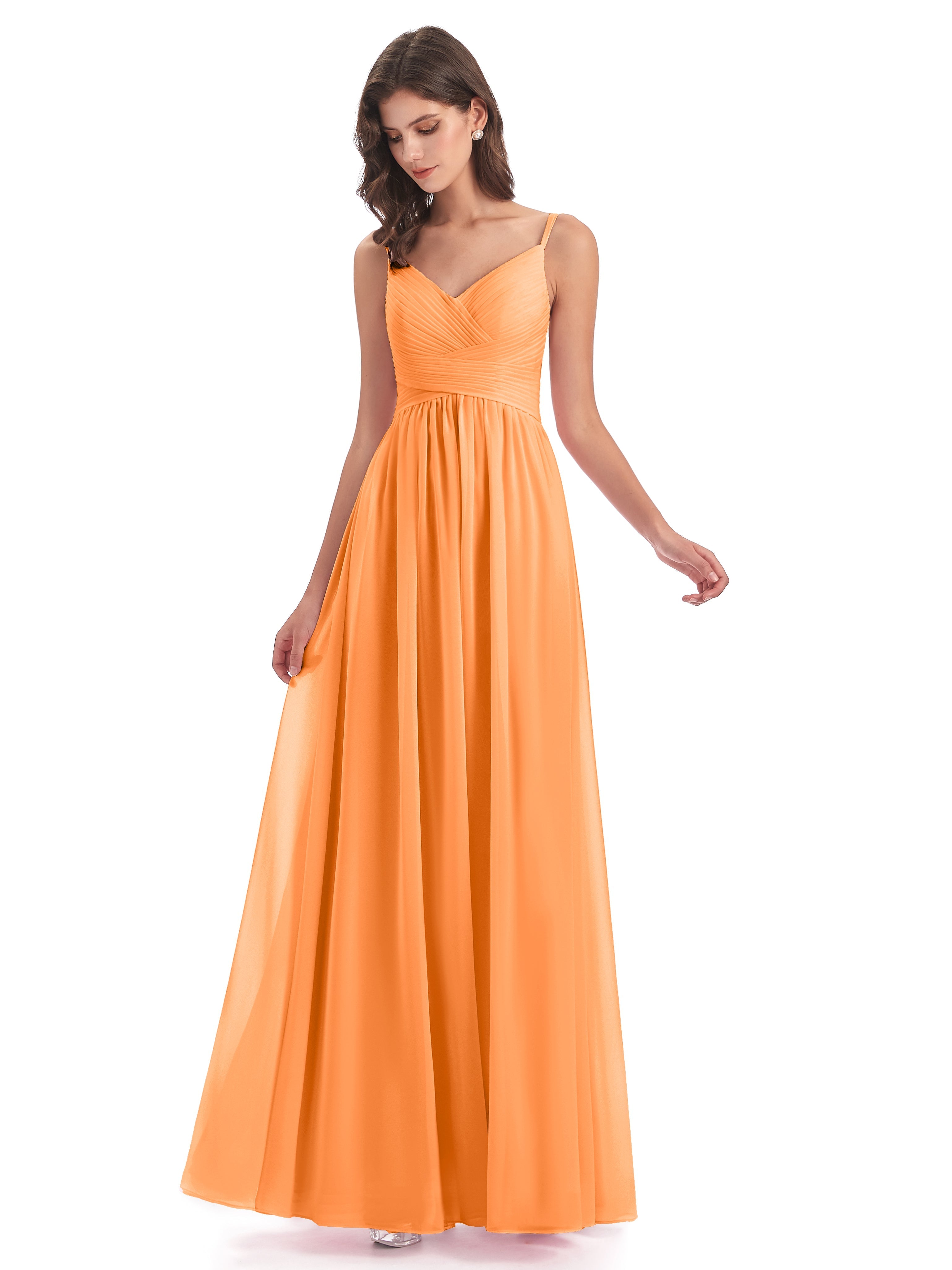Robe Demoiselle D Honneur Orange Vif Bretelles Spaghetti Plis Dentelle Robes Demoiselle D'Honneur