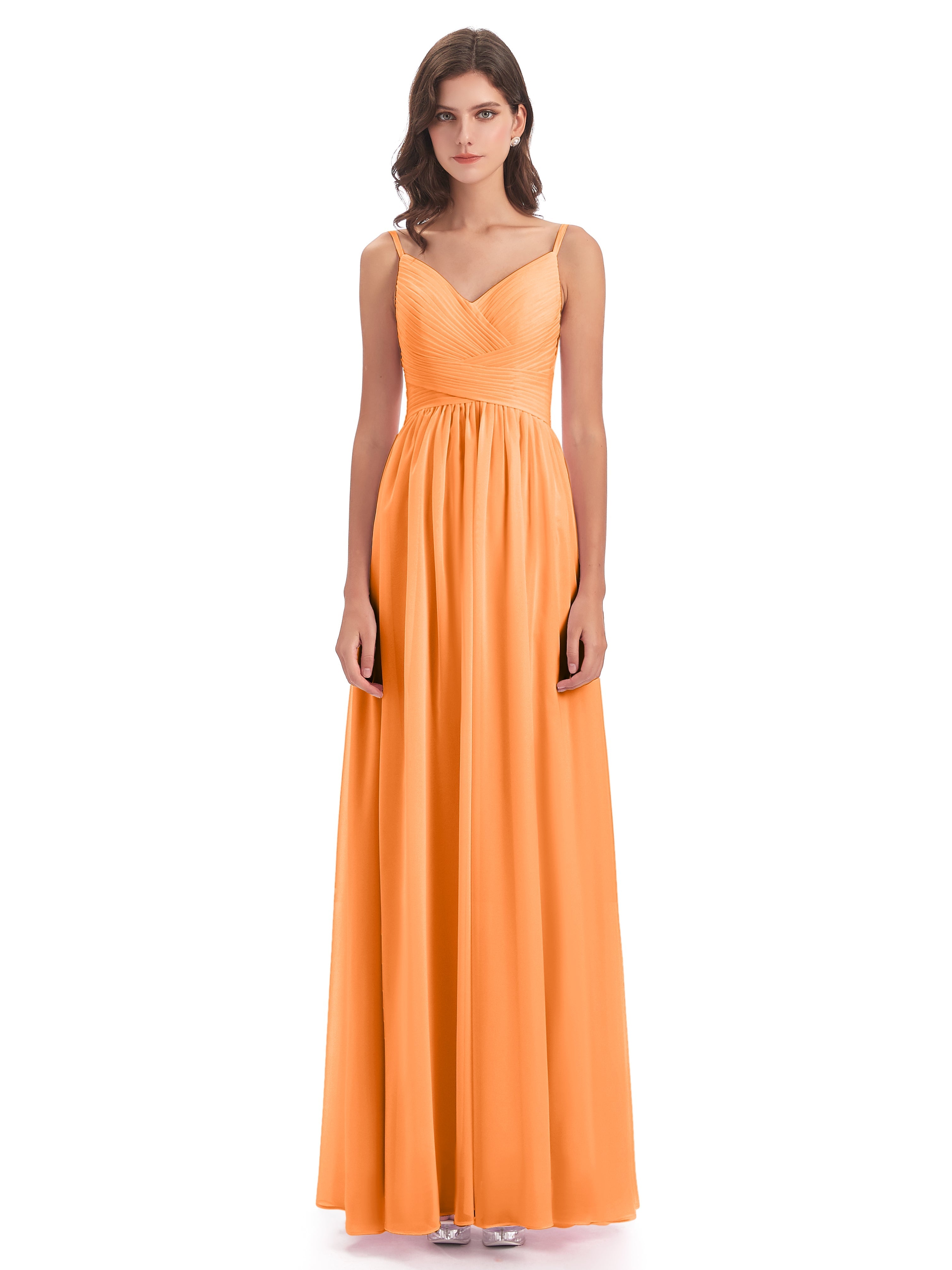Robe Demoiselle D Honneur Orange Vif Bretelles Spaghetti Plis Dentelle Robes Demoiselle D'Honneur