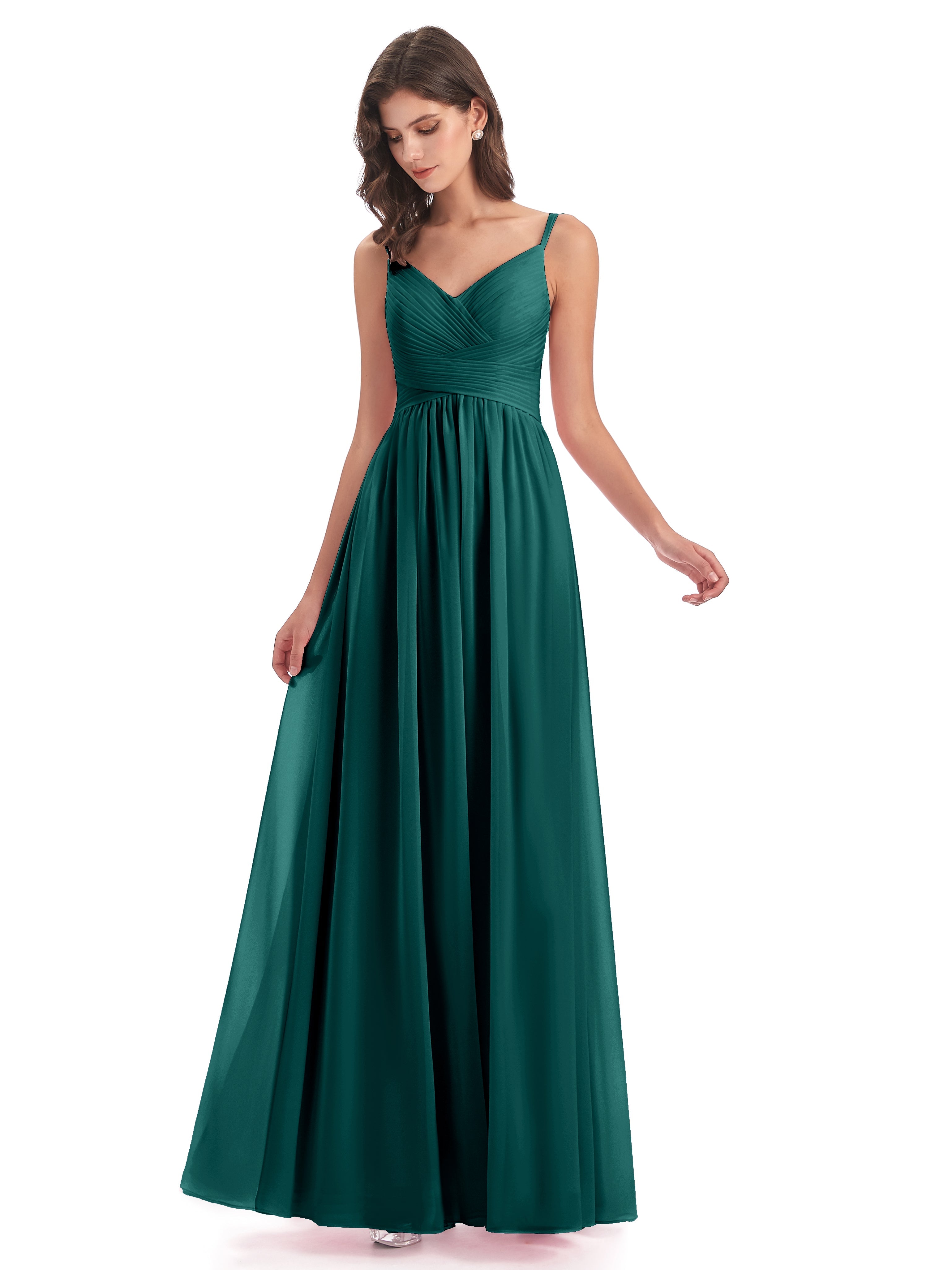 Robes De Demoiselle D'Honneur De Paon Bretelles Spaghetti Plis Dentelle Robes Demoiselle D'Honneur