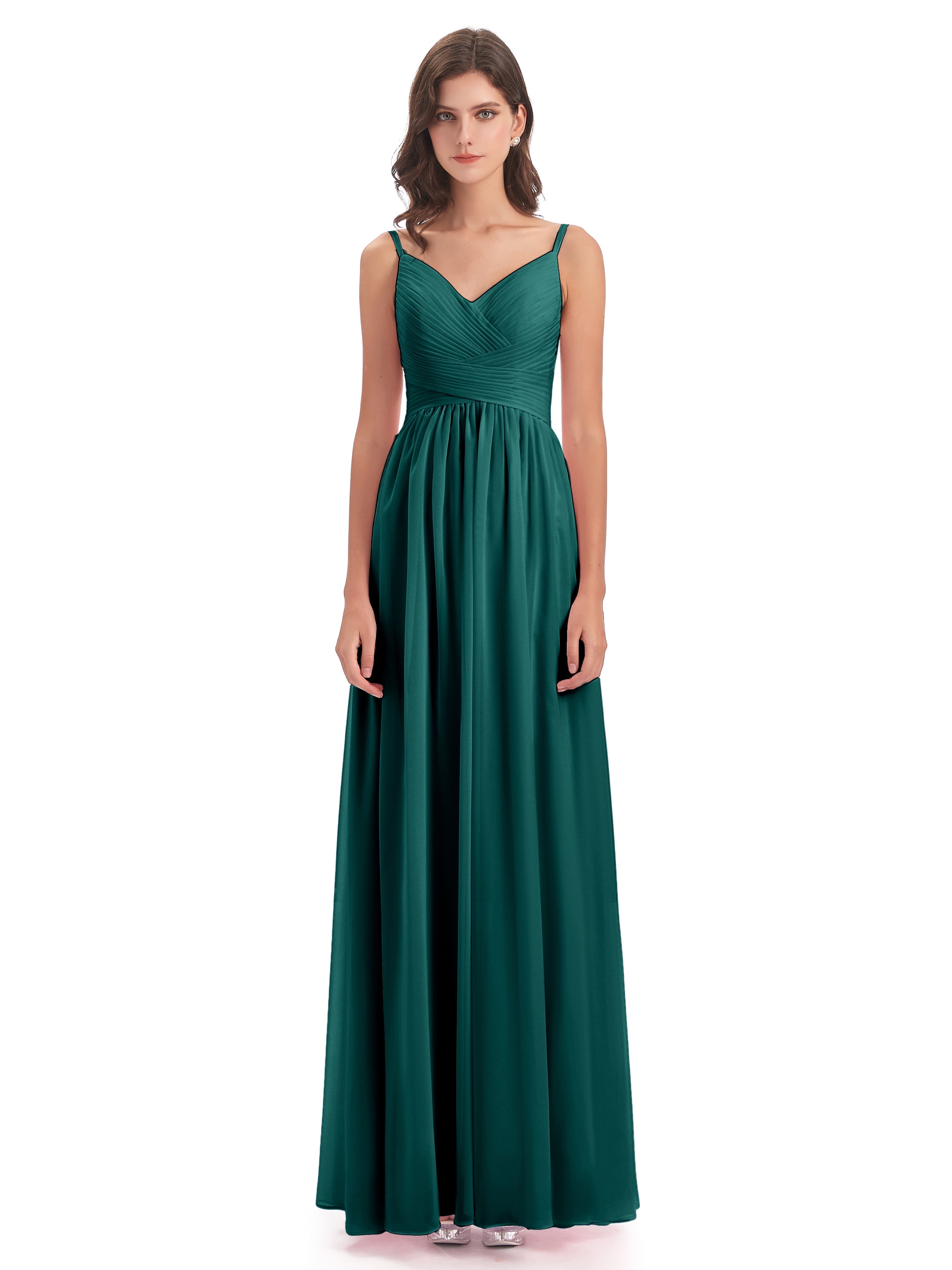 Robes De Demoiselle D'Honneur De Paon Bretelles Spaghetti Plis Dentelle Robes Demoiselle D'Honneur