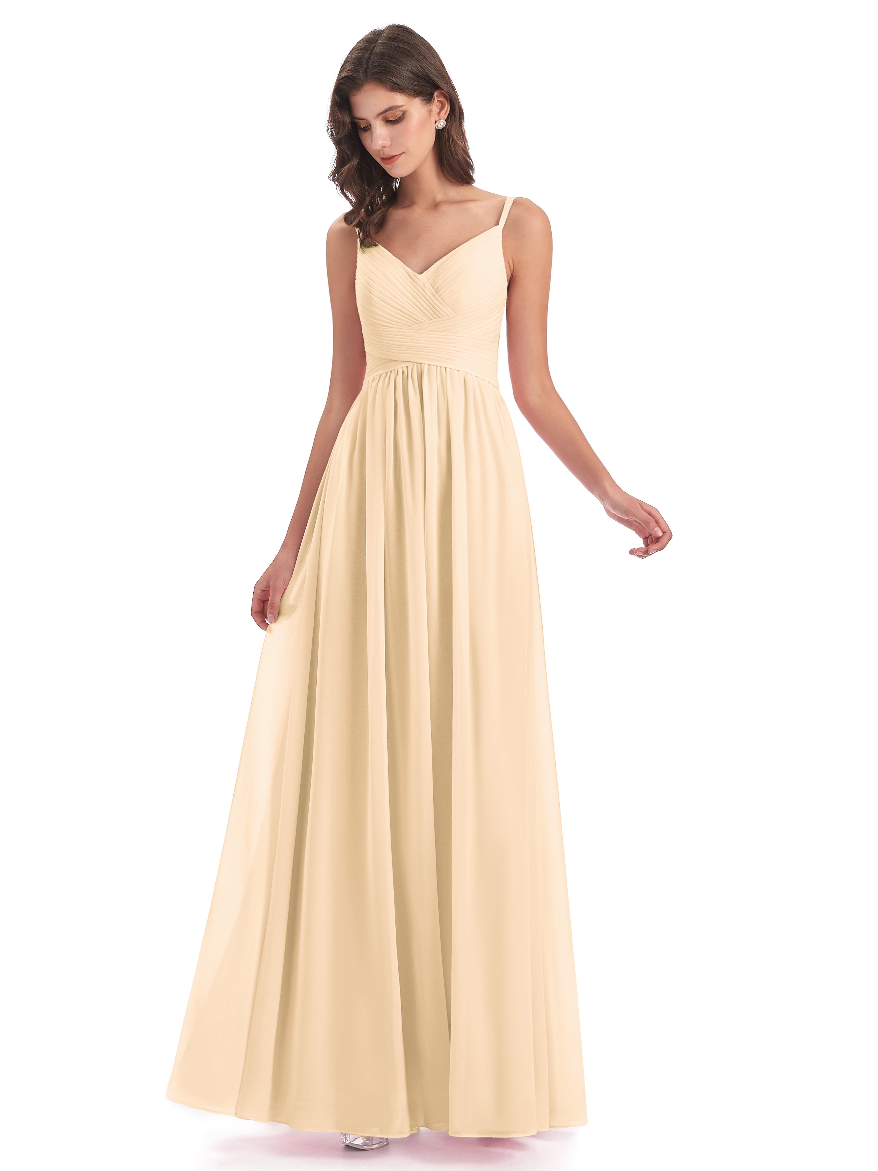 Robe De Demoiselle D Honneur Peche Bretelles Spaghetti Plis Dentelle Robes Demoiselle D'Honneur