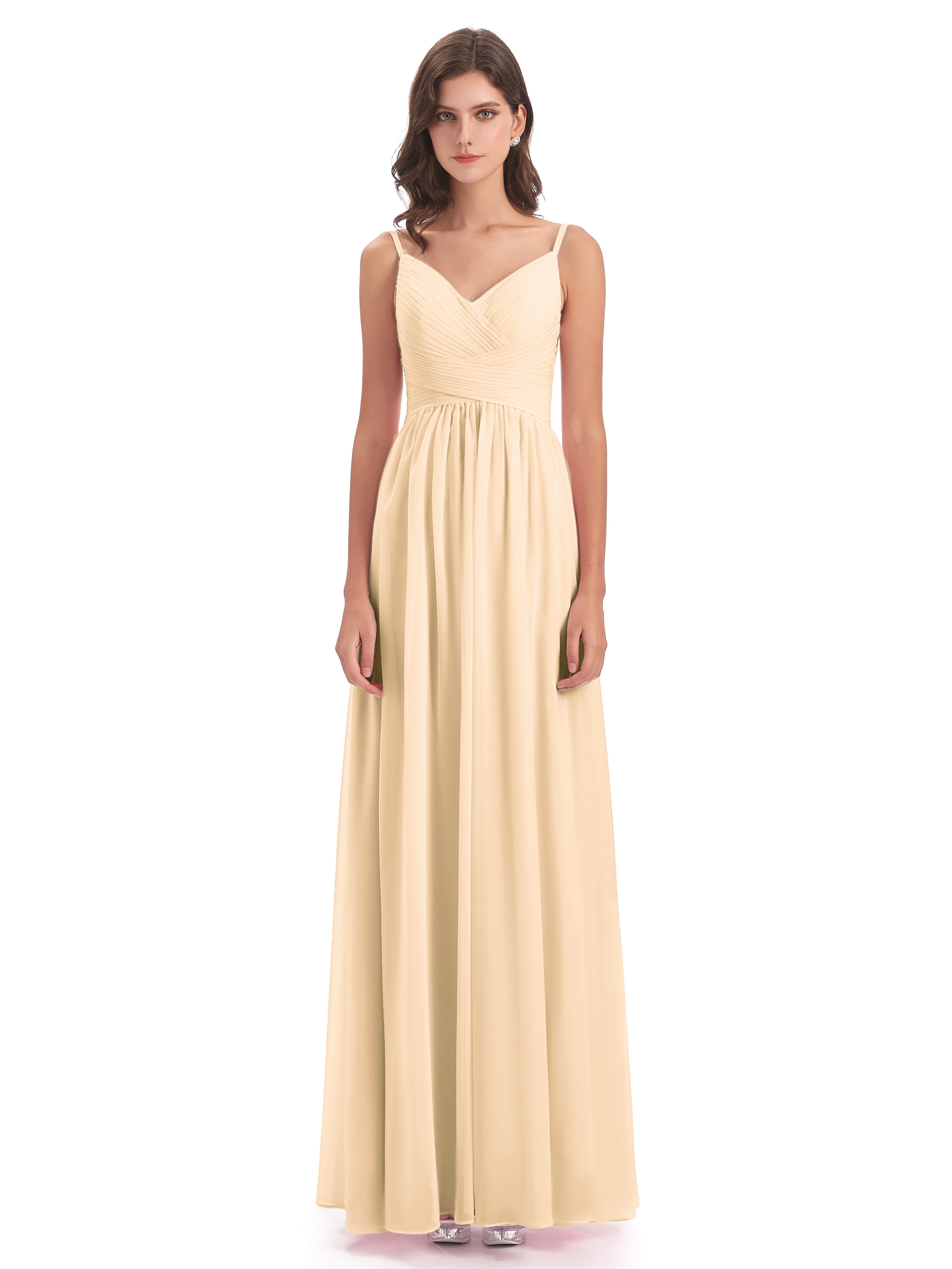 Robe De Demoiselle D Honneur Peche Bretelles Spaghetti Plis Dentelle Robes Demoiselle D'Honneur
