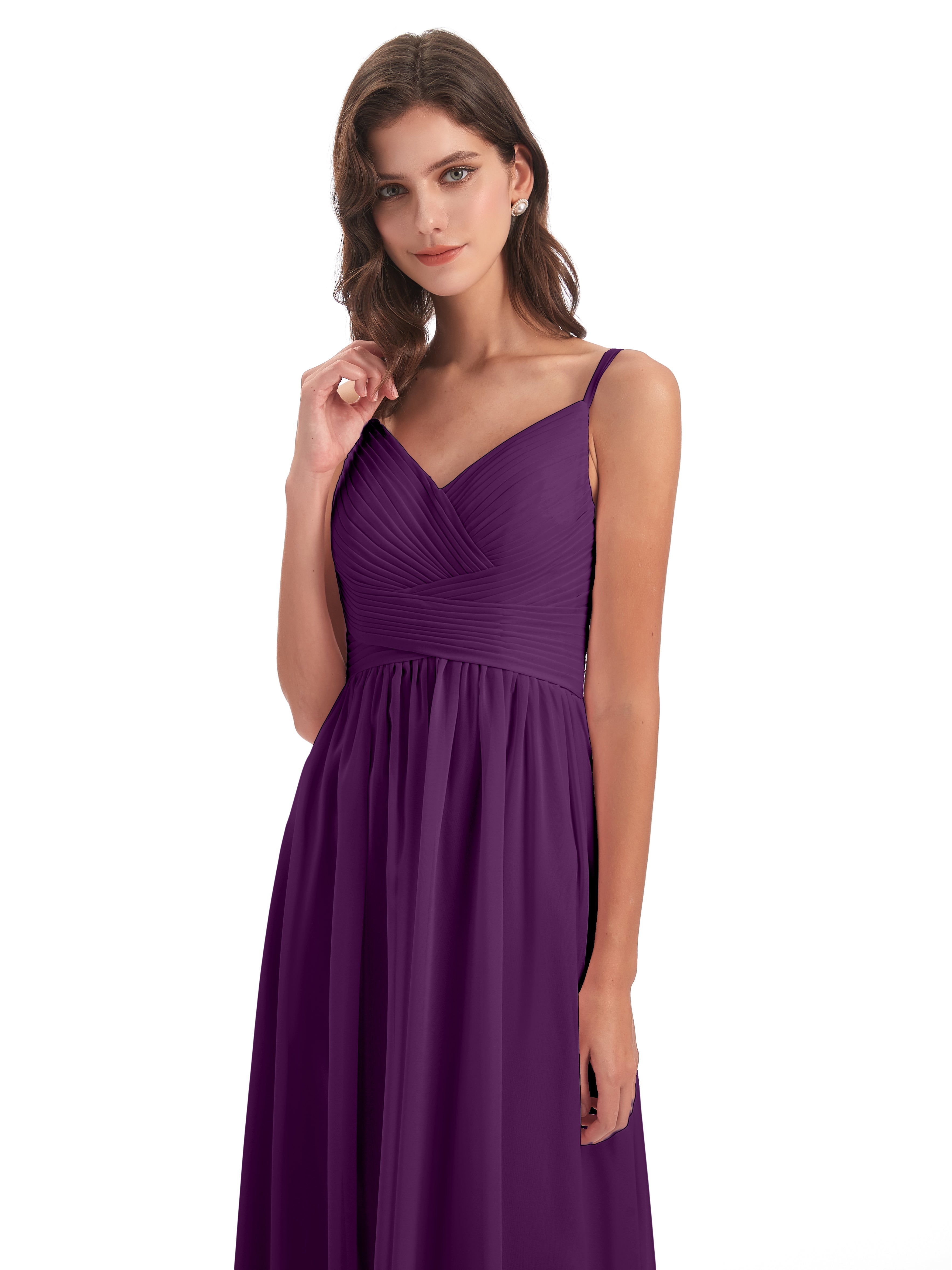 Robes De Demoiselle D'Honneur En Raisin Bretelles Spaghetti Plis Dentelle Robes Demoiselle D'Honneur