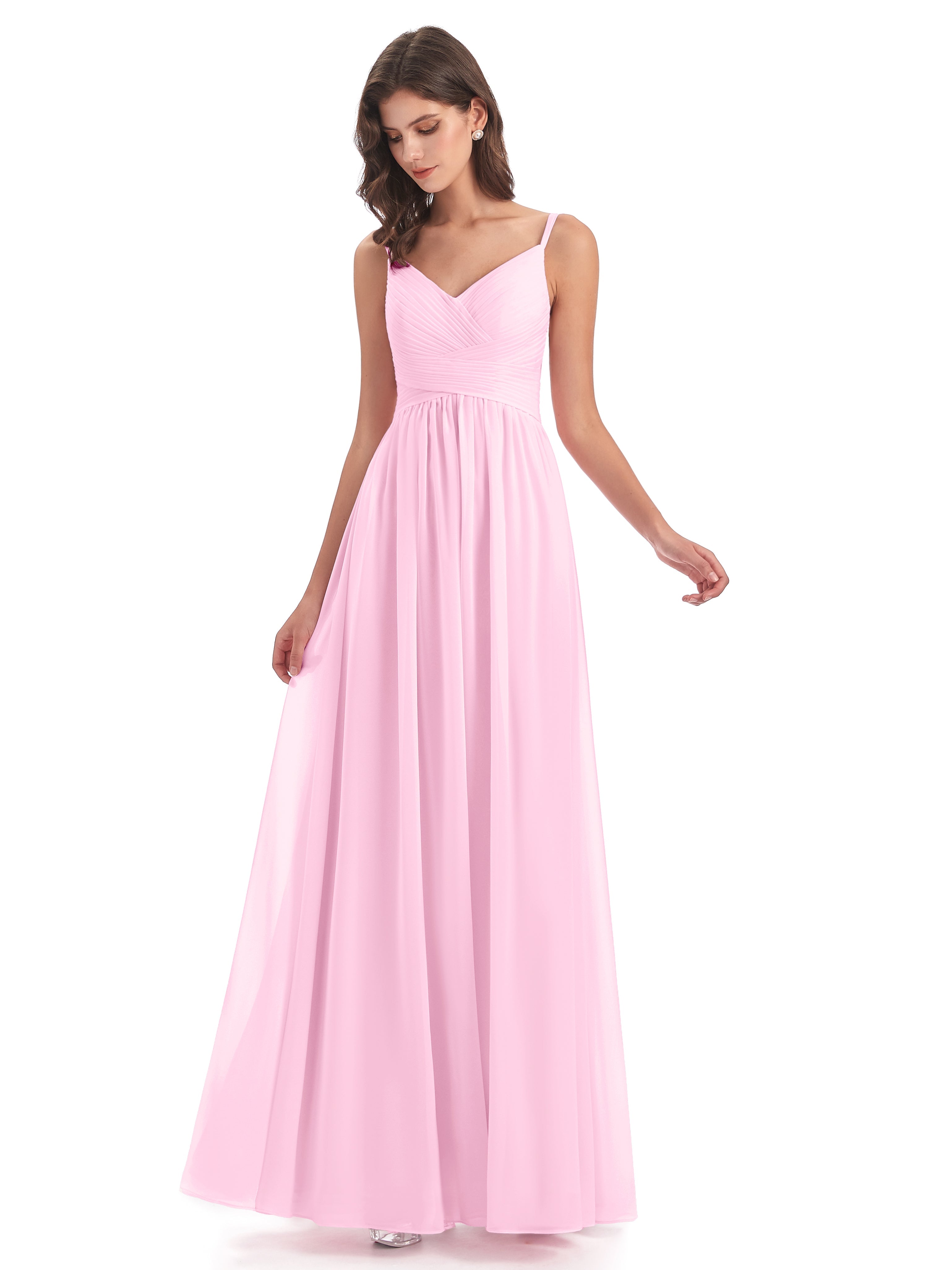 Robes De Demoiselle D'Honneur Rose Bonbon Bretelles Spaghetti Plis Dentelle Robes Demoiselle D'Honneur