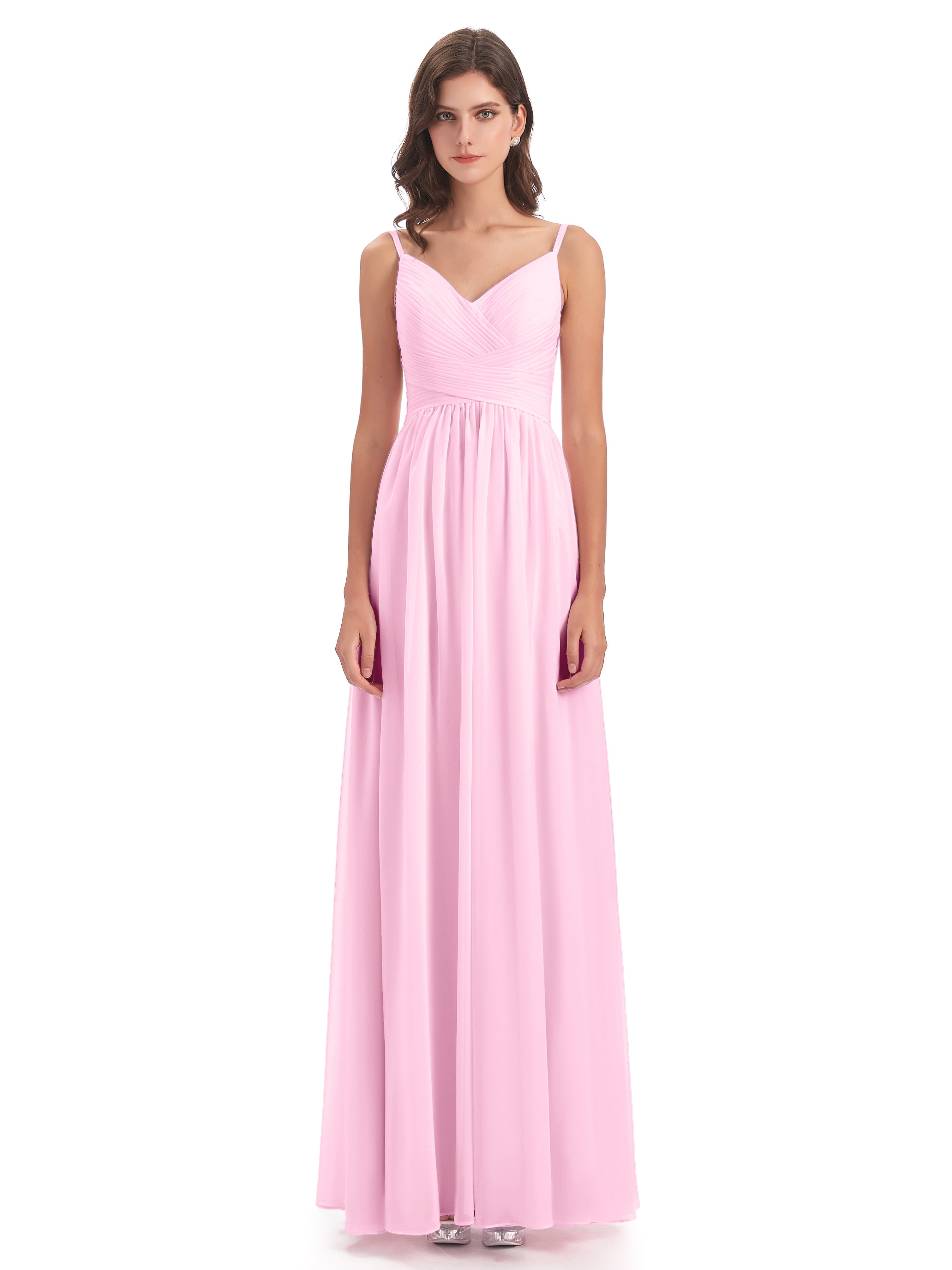 Robes De Demoiselle D'Honneur Rose Bonbon Bretelles Spaghetti Plis Dentelle Robes Demoiselle D'Honneur