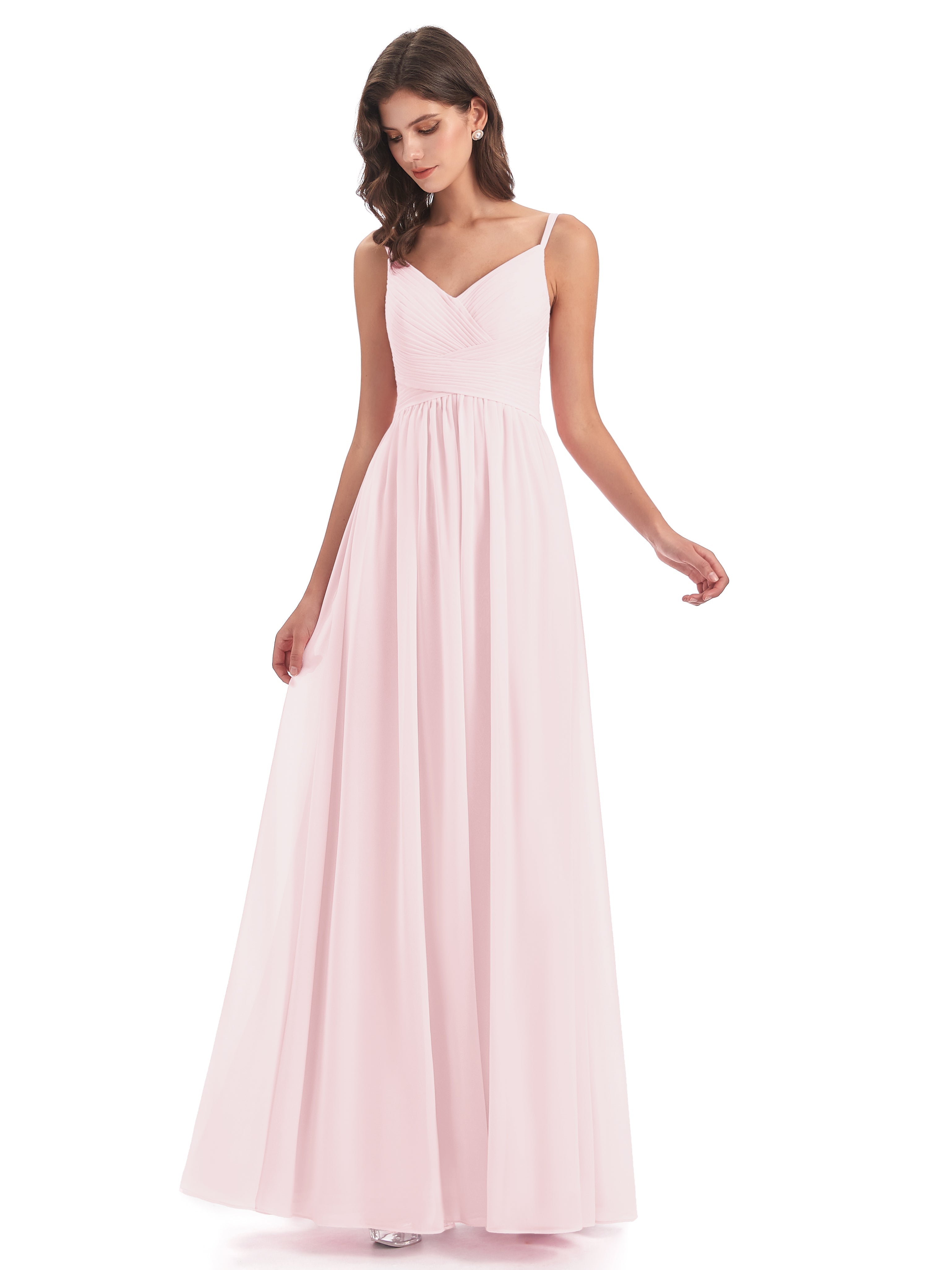 Demoiselle D Honneur Rose Pale Bretelles Spaghetti Plis Dentelle Robes Demoiselle D'Honneur