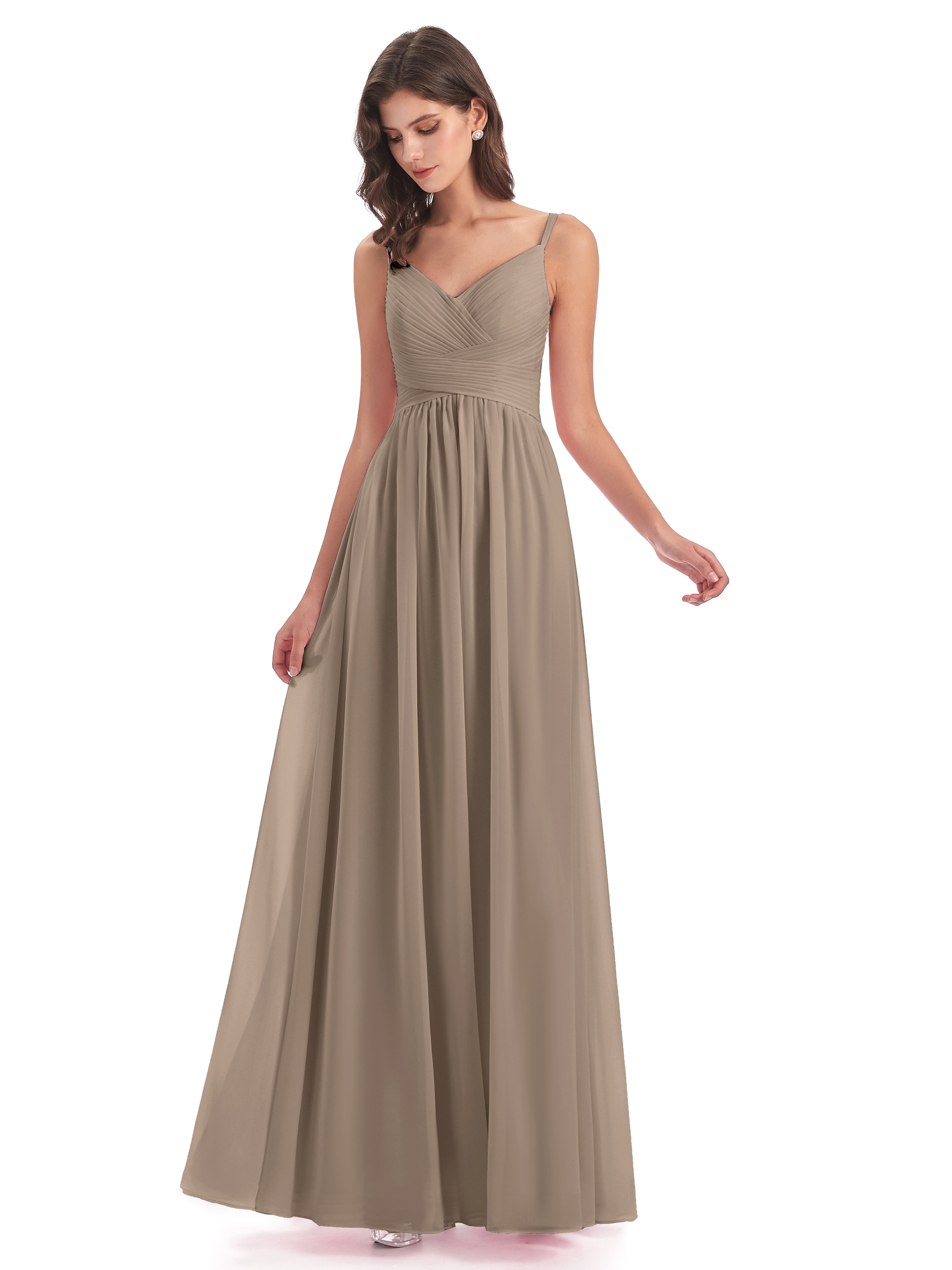 Couleur Taupe Robe Bretelles Spaghetti Plis Dentelle Robes Demoiselle D'Honneur