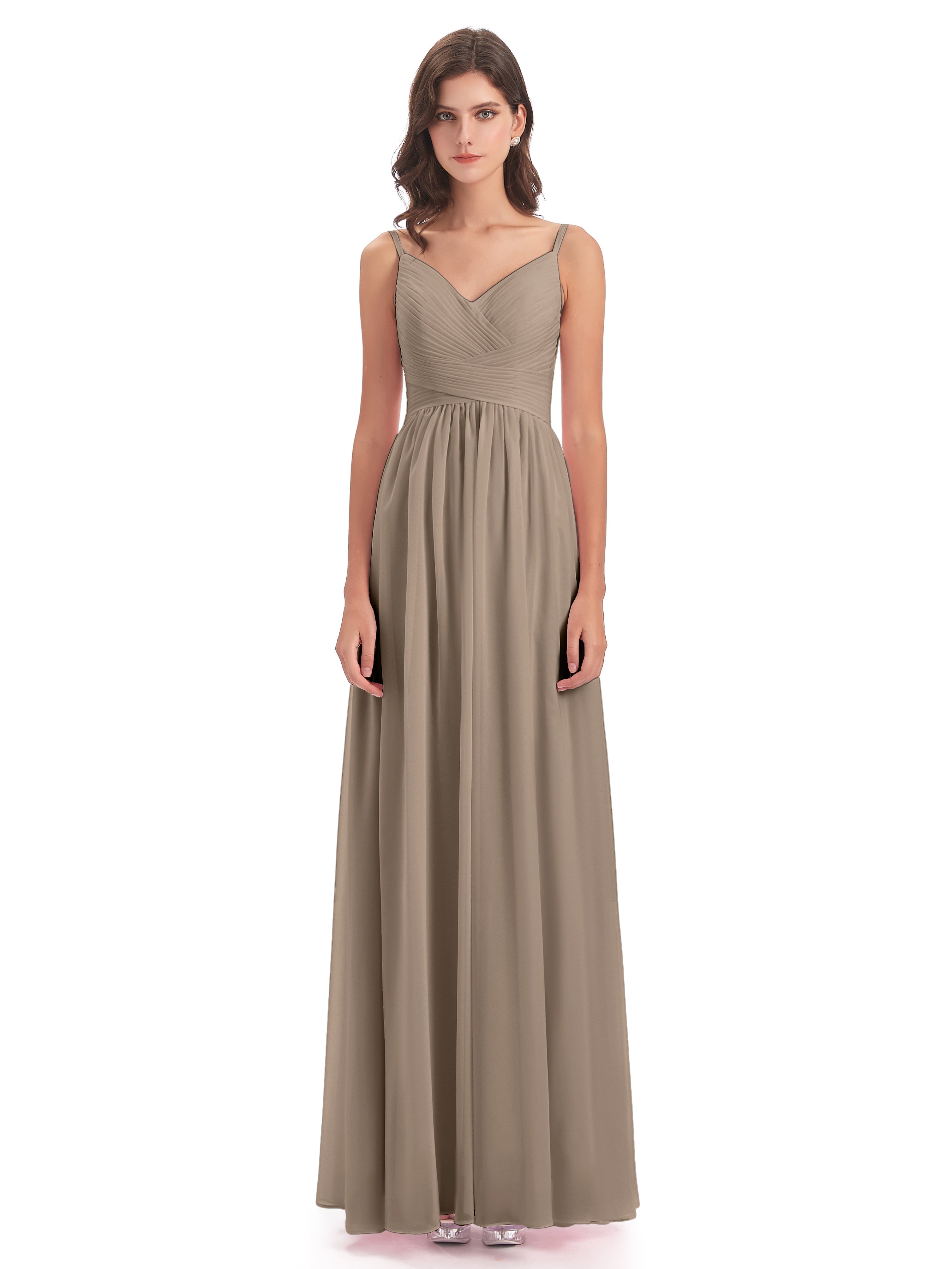 Couleur Taupe Robe Bretelles Spaghetti Plis Dentelle Robes Demoiselle D'Honneur
