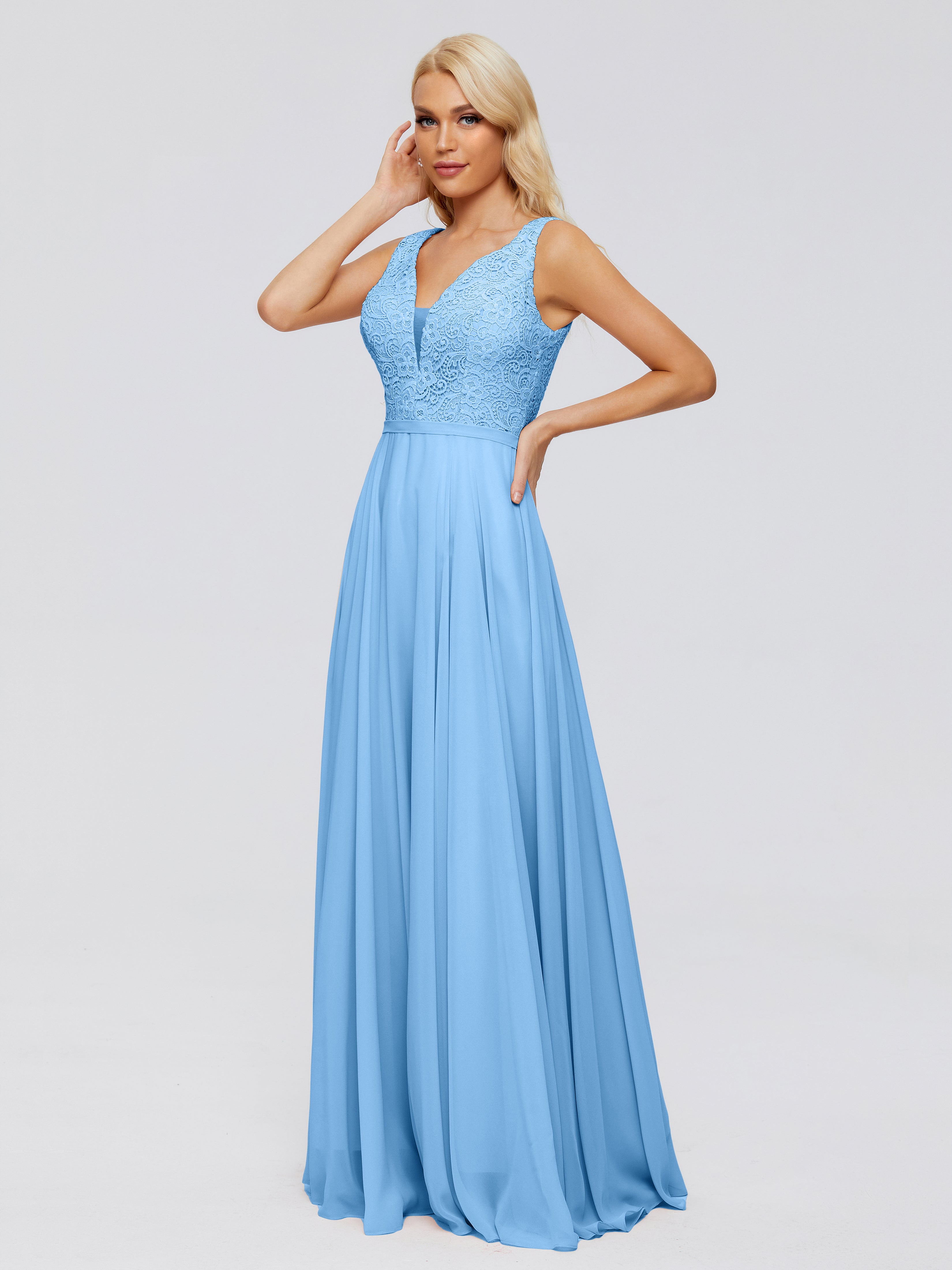 Robes Demoiselle D Honneur Bleu Trapèze Col V Bretelle Mousseline Robes Demoiselle D'Honneur