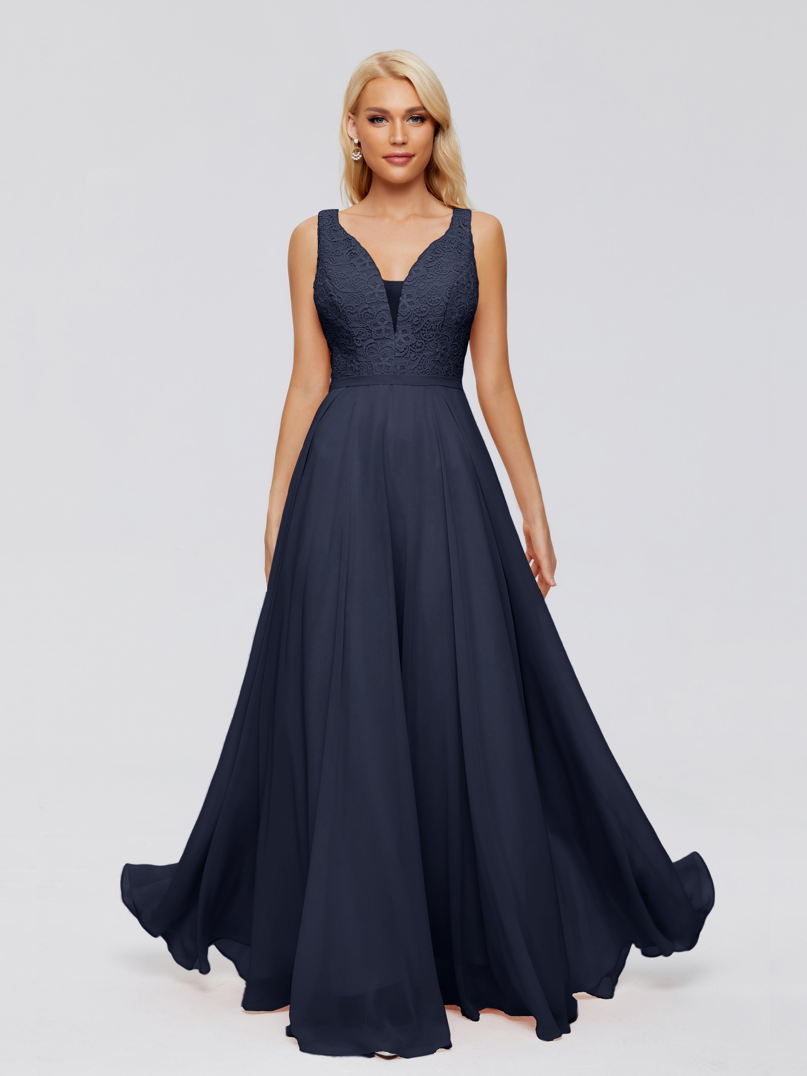 Demoiselle D'Honneur Bleu Marine Trapèze Col V Bretelle Mousseline Robes Demoiselle D'Honneur