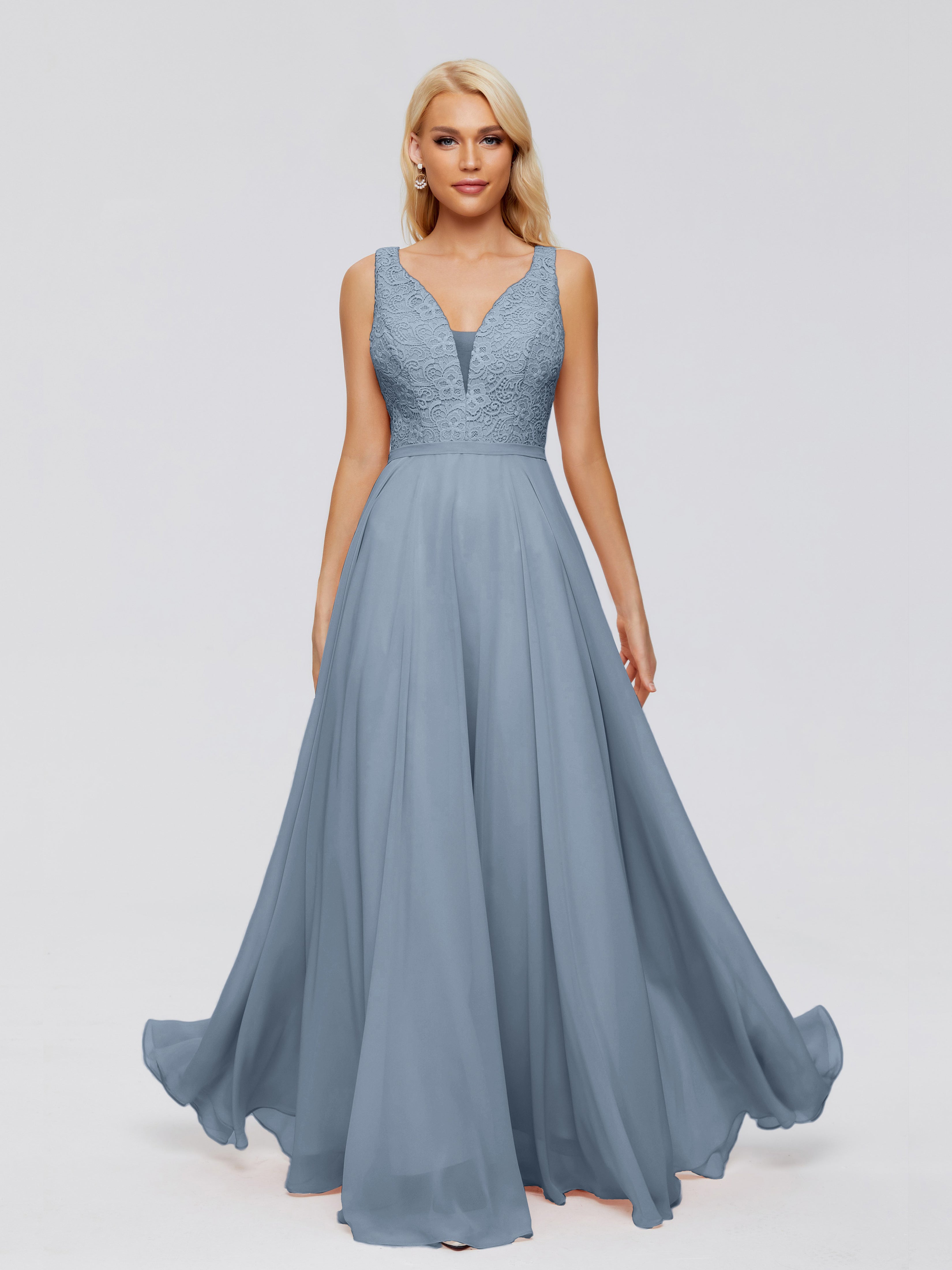 Robes De Demoiselle D'Honneur Bleu Poudre Trapèze Col V Bretelle Mousseline Robes Demoiselle D'Honneur