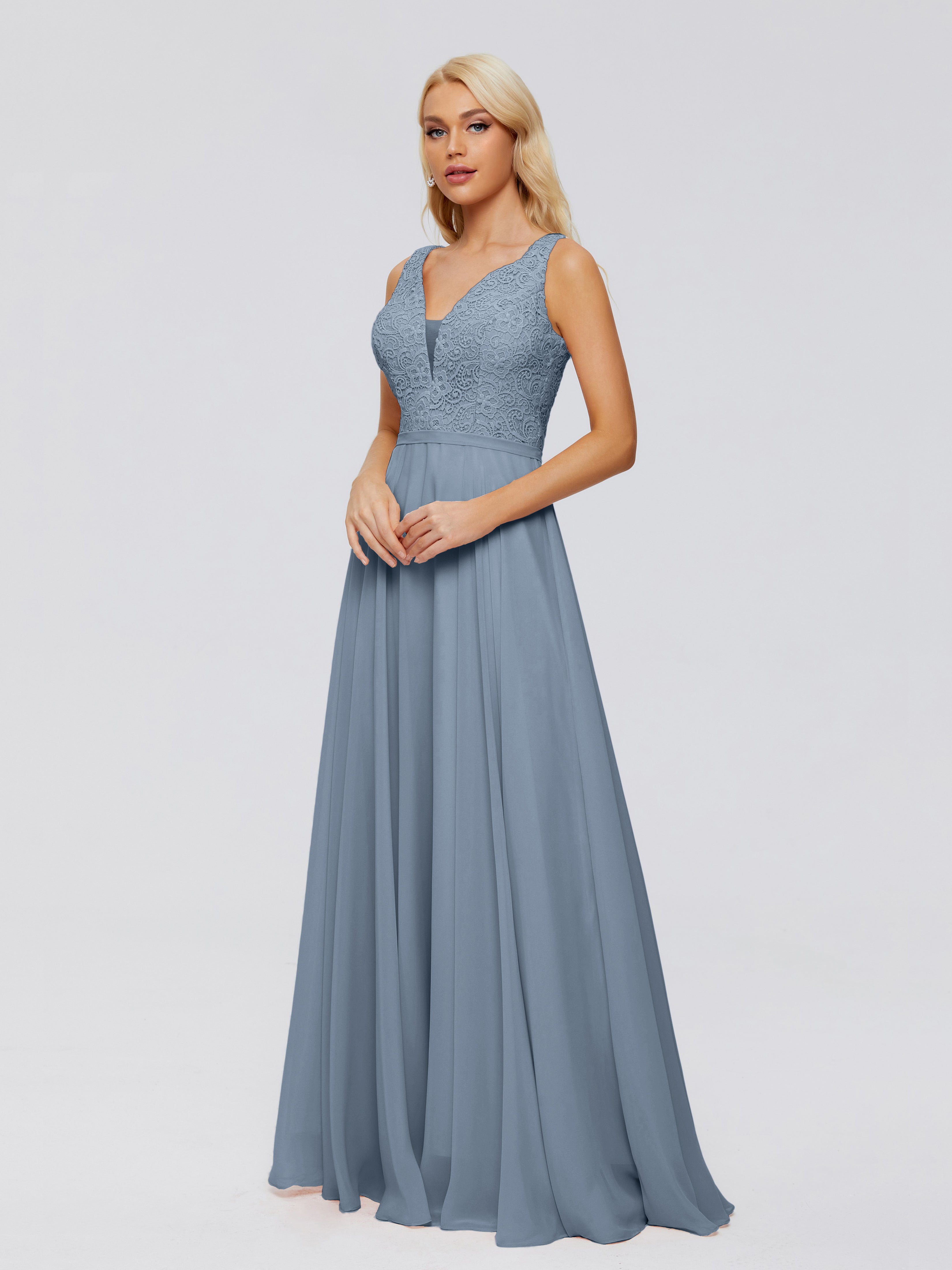 Robes De Demoiselle D'Honneur Bleu Poudre Trapèze Col V Bretelle Mousseline Robes Demoiselle D'Honneur