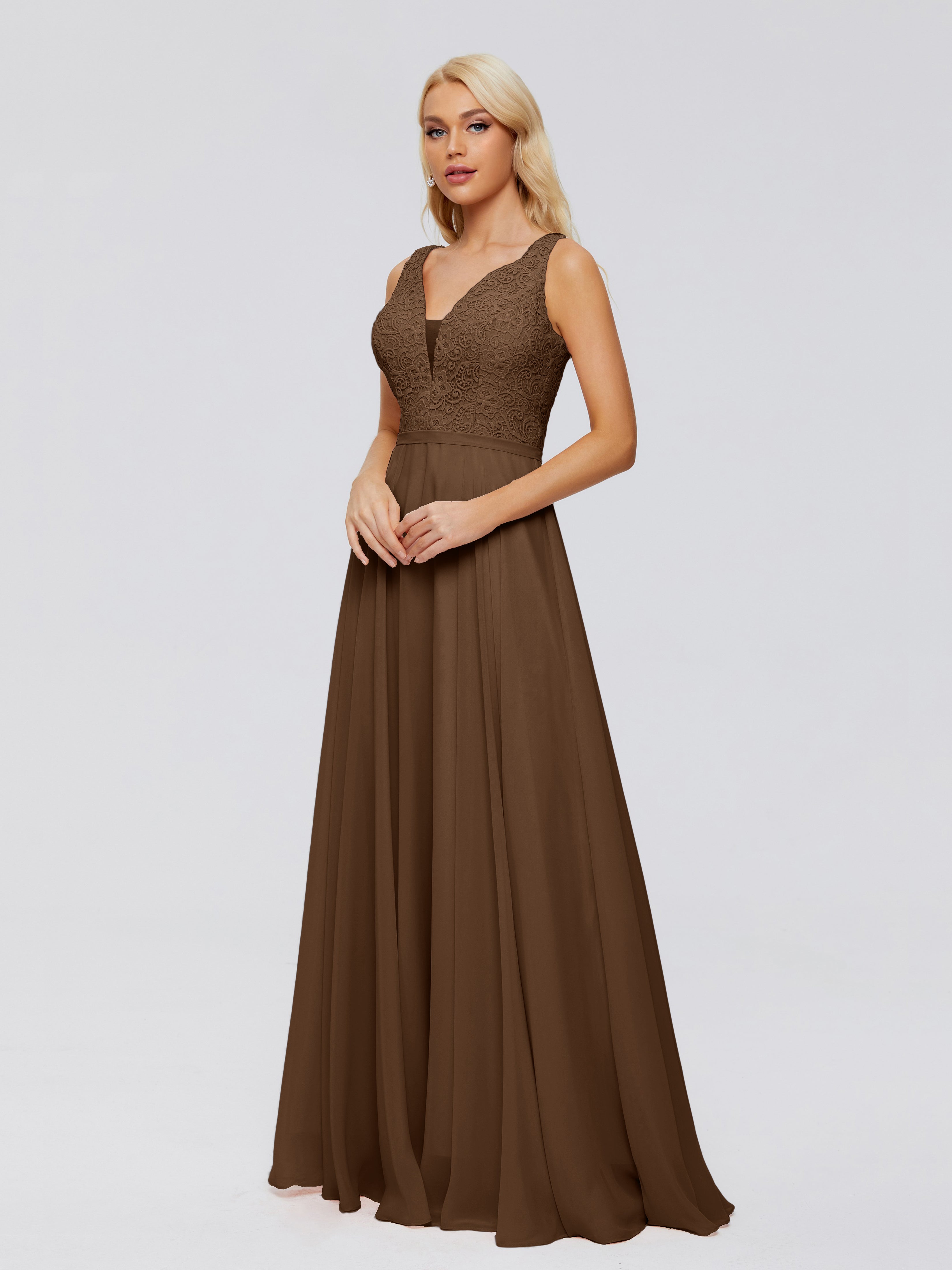 Robe Demoiselle D Honneur Brun Trapèze Col V Bretelle Mousseline Robes Demoiselle D'Honneur
