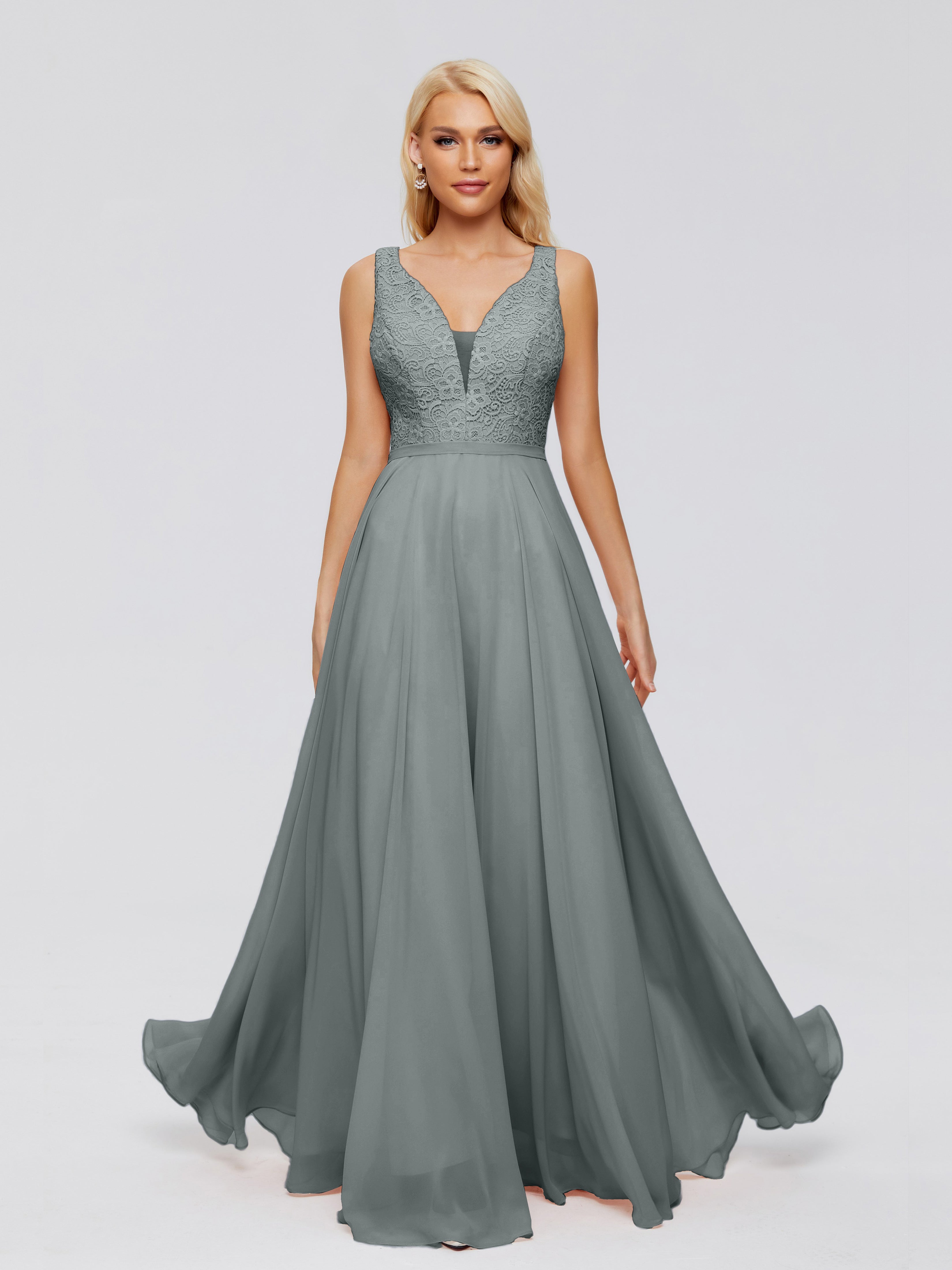Demoiselle D Honneur Gris Trapèze Col V Bretelle Mousseline Robes Demoiselle D'Honneur