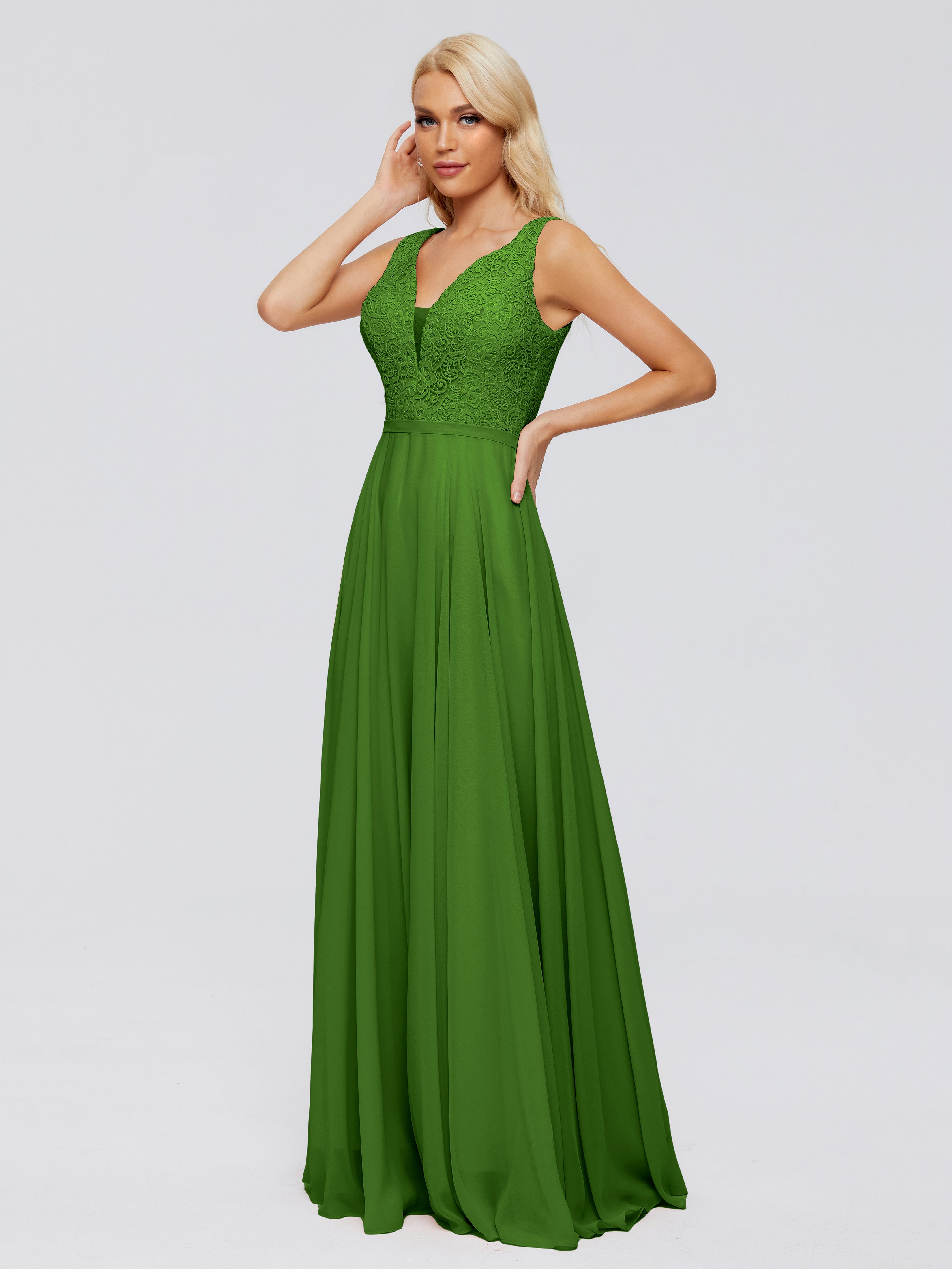 Robes De Demoiselle D'Honneur Vert Mousse Trapèze Col V Bretelle Mousseline Robes Demoiselle D'Honneur