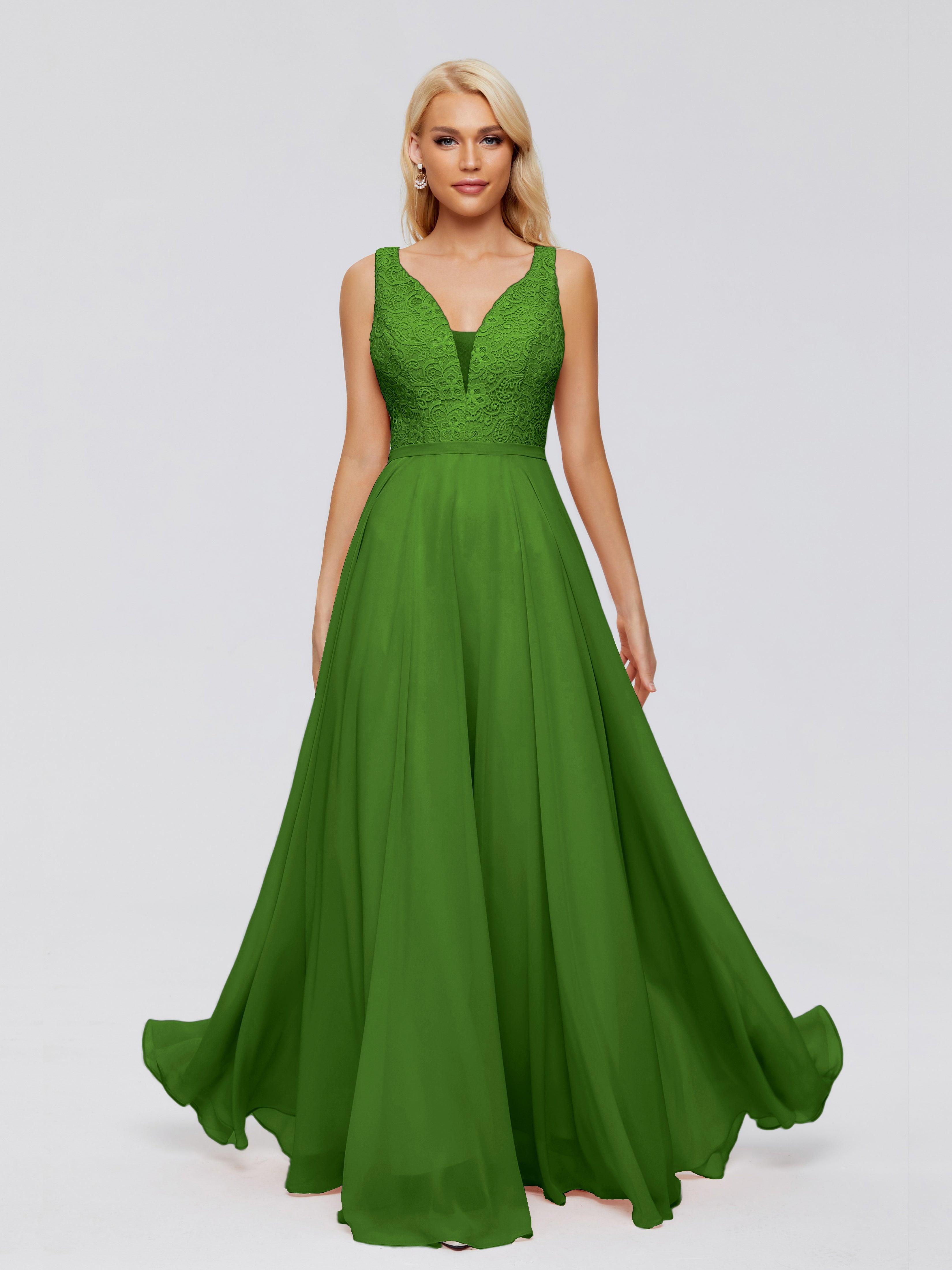 Robes De Demoiselle D'Honneur Vert Mousse Trapèze Col V Bretelle Mousseline Robes Demoiselle D'Honneur